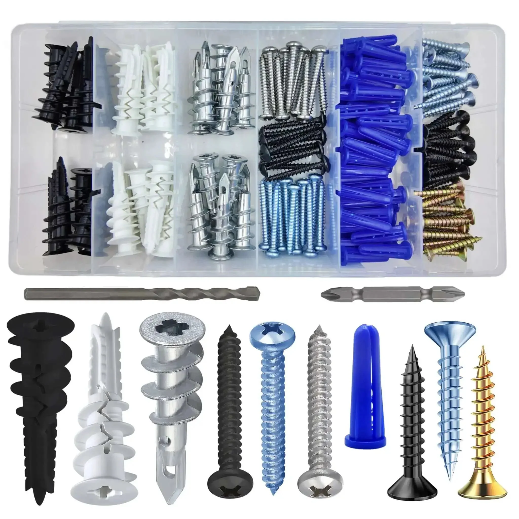 Self Drilling Drywall Anchors Assortment Kit For Concrete And Sheetrock 182 Pcs Heavy Duty Wall Anchors For Easy Installation No Drill Bit Required Includes Blue Yellow Black Zinc Wood Screws And Stainless Steel Screws