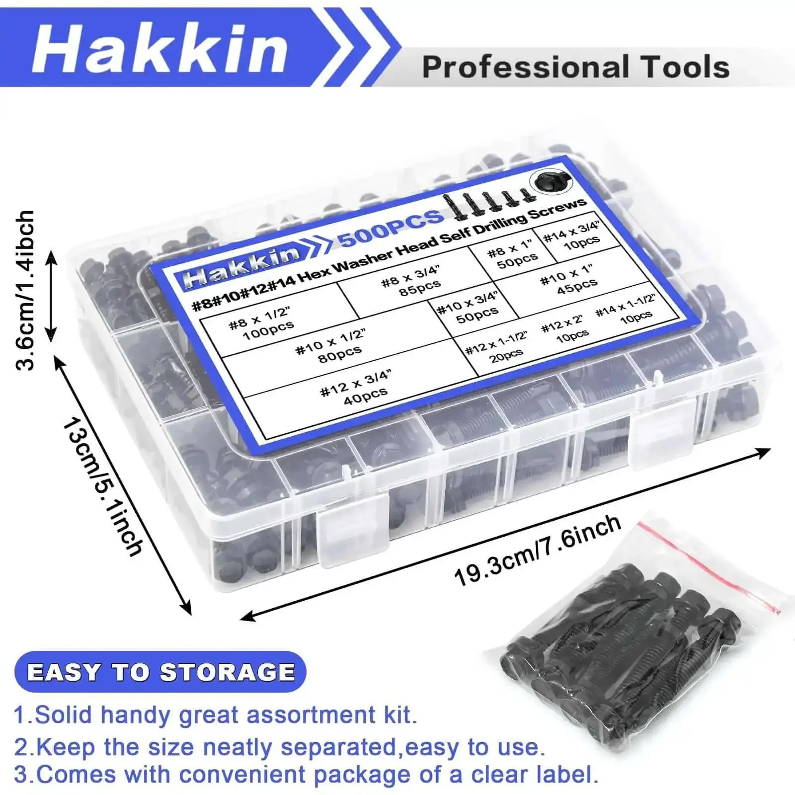 Self Drilling Hex Washer Head Screws Kit With Hex Socket Pro Grade 500 Piece Black Oxide 410 Stainless Steel Assortment Sizes Eight Ten Twelve Fourteen Half Inch To Two Inch Lengths Ideal For Wood And Metal - Image 2
