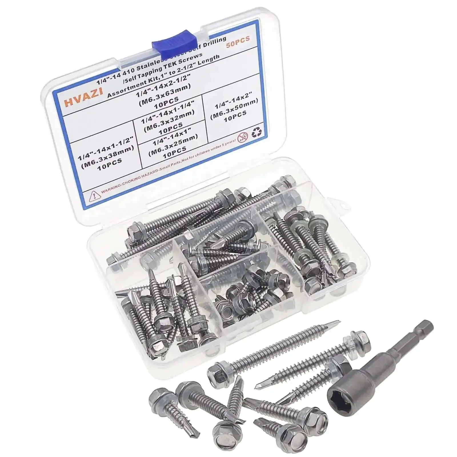 Self Drilling TEK Screws Kit For Metals In 410 Stainless Steel With Hex Head M6.3 Threads 14 Tpi Five Lengths 1 Inch 1.25 Inch 1.5 Inch 2 Inch 2.5 Inch For Quick Metal Projects - Image 2
