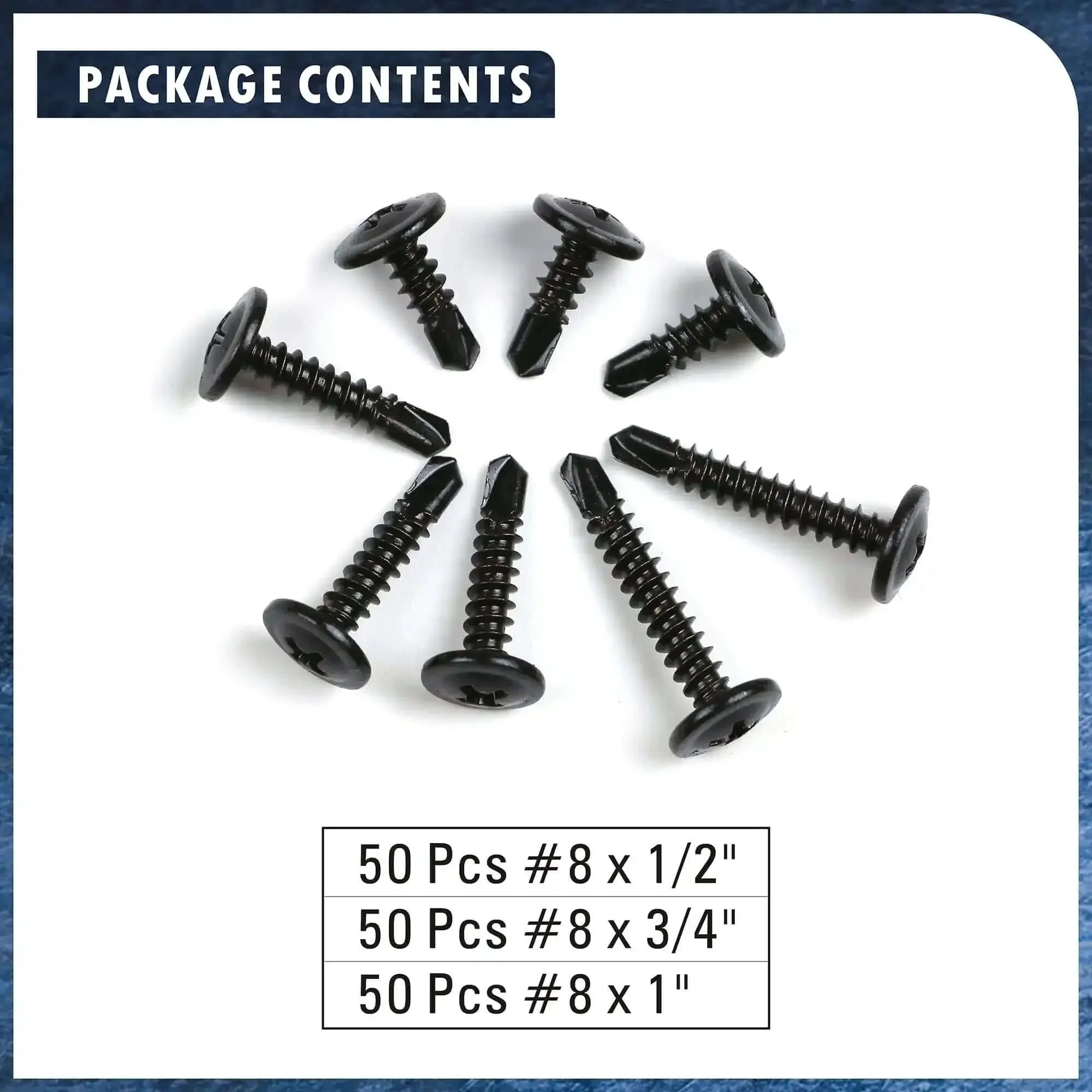 Self Drilling TEK Screws Set For Sheet Metal Number Eight 410 Stainless Steel With Black Dacromet Coating Wafer And Modified Truss Heads Phillips Drive Two Point Sizes One Half Inch Three Quarters Inch And One Inch 150 Piece Assortment For DIY Metalwork - Image 2