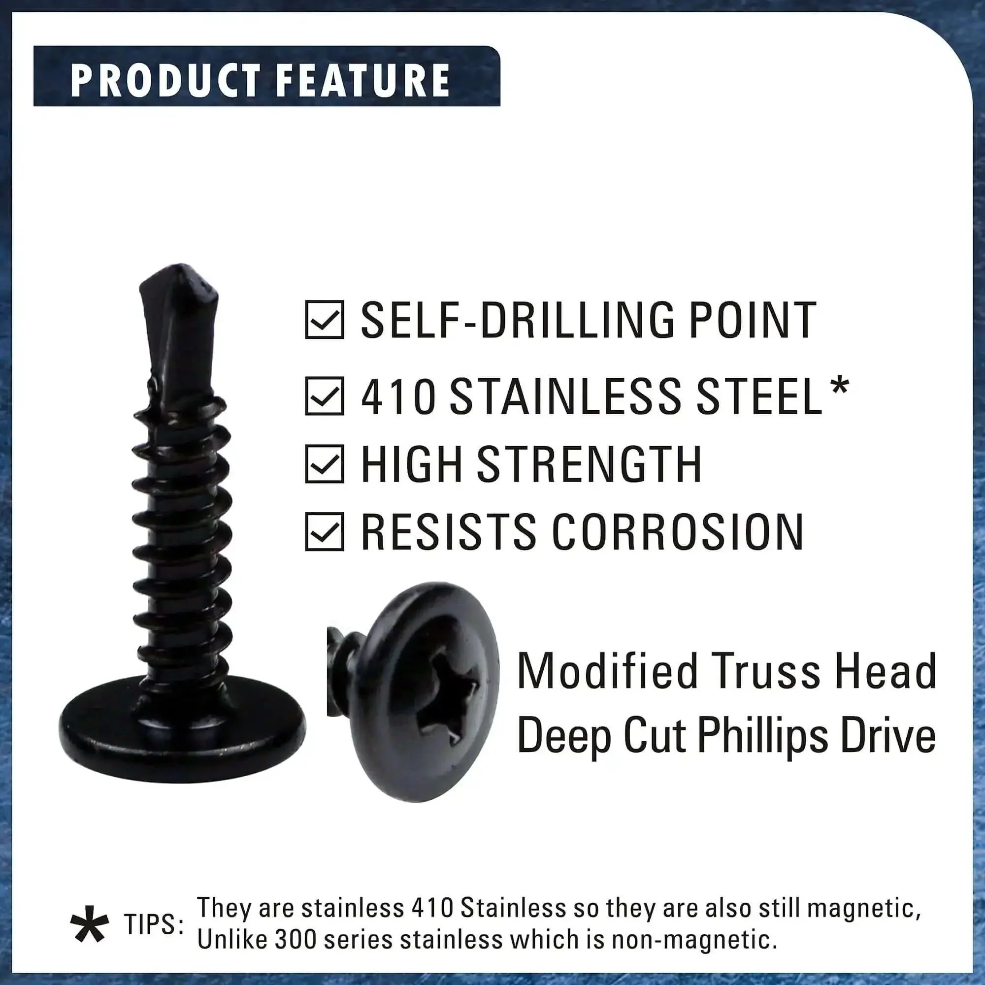 Self Drilling TEK Screws Set For Sheet Metal Number Eight 410 Stainless Steel With Black Dacromet Coating Wafer And Modified Truss Heads Phillips Drive Two Point Sizes One Half Inch Three Quarters Inch And One Inch 150 Piece Assortment For DIY Metalwork - Image 3