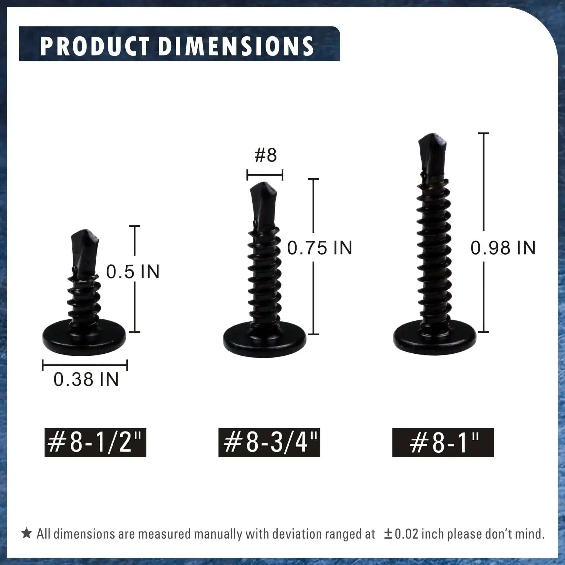 Self Drilling TEK Screws Set For Sheet Metal Number Eight 410 Stainless Steel With Black Dacromet Coating Wafer And Modified Truss Heads Phillips Drive Two Point Sizes One Half Inch Three Quarters Inch And One Inch 150 Piece Assortment For DIY Metalwork - Image 4