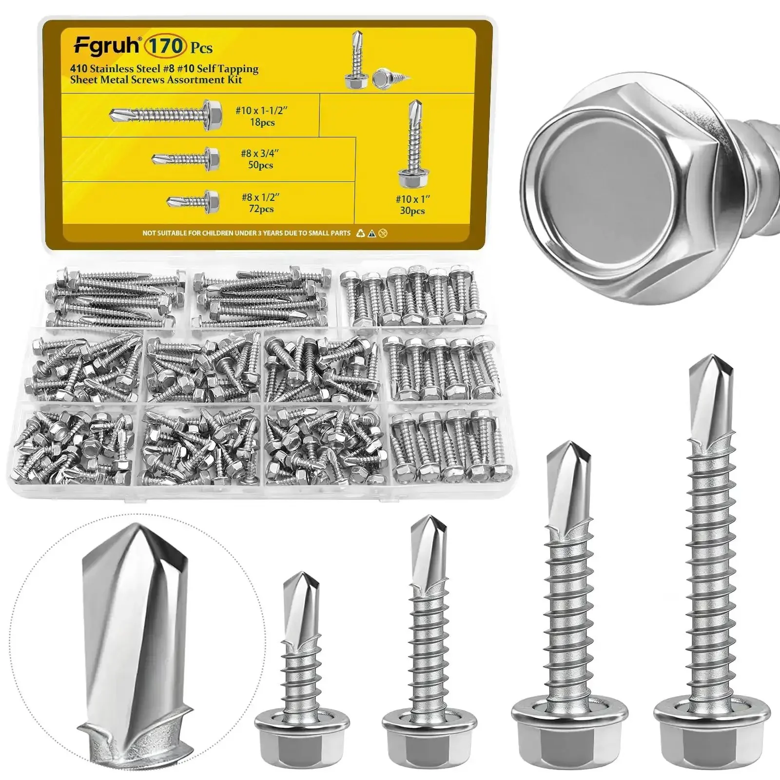 Self Tapping Screws Assortment Kit For Metal, 170-Piece Set In 410 Stainless Steel With Hex Washer Head, Includes Eight By Half Inch, Eight By Three Quarter Inch, Ten By One Inch, And Ten By One And A Half Inch Screws For Light Metal Work And DIY Repairs