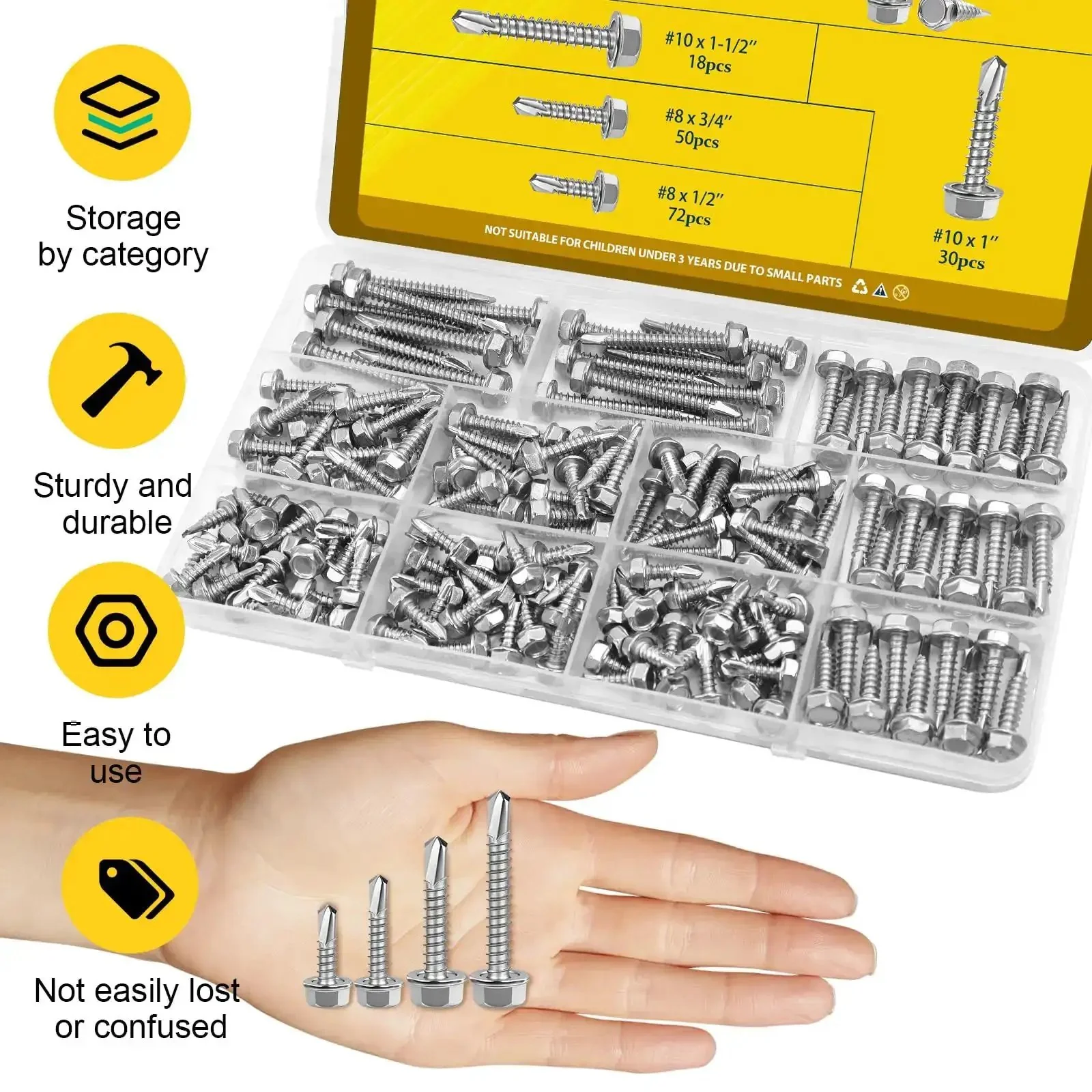 Self Tapping Screws Assortment Kit For Metal, 170-Piece Set In 410 Stainless Steel With Hex Washer Head, Includes Eight By Half Inch, Eight By Three Quarter Inch, Ten By One Inch, And Ten By One And A Half Inch Screws For Light Metal Work And DIY Repairs - Image 5
