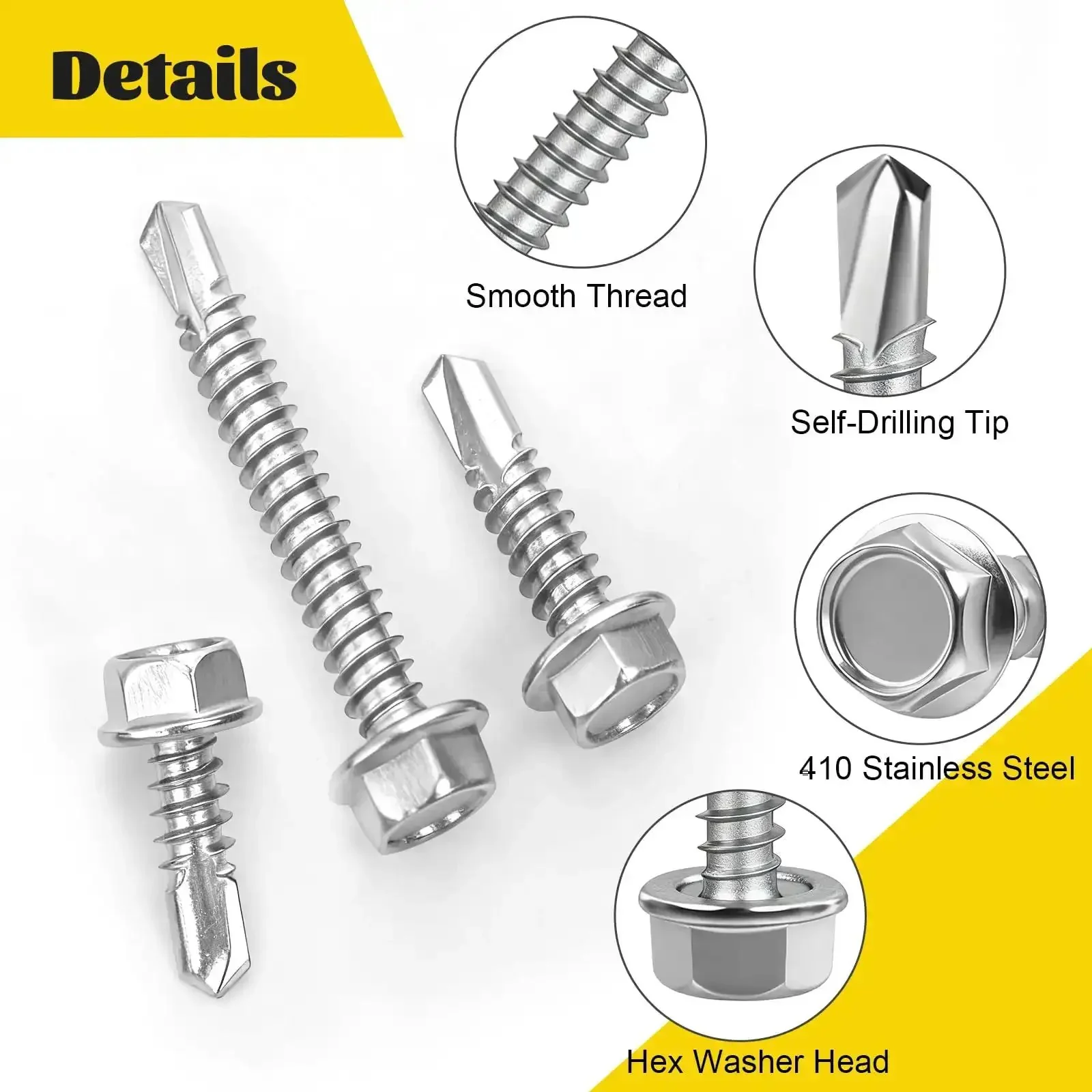 Self Tapping Screws Assortment Kit For Metal, 170-Piece Set In 410 Stainless Steel With Hex Washer Head, Includes Eight By Half Inch, Eight By Three Quarter Inch, Ten By One Inch, And Ten By One And A Half Inch Screws For Light Metal Work And DIY Repairs - Image 7