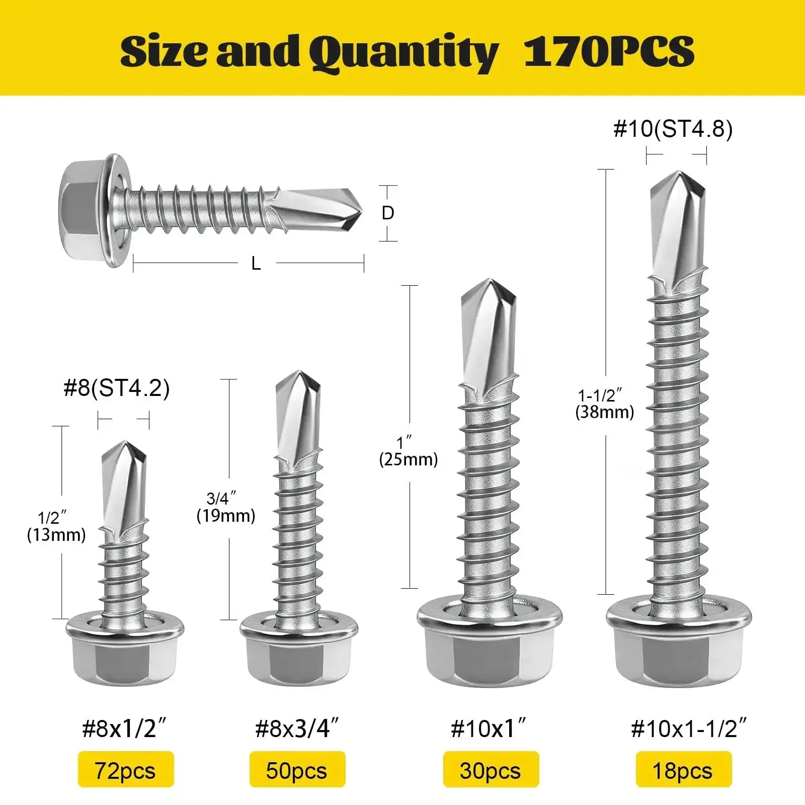 Self Tapping Screws Assortment Kit For Metal, 170-Piece Set In 410 Stainless Steel With Hex Washer Head, Includes Eight By Half Inch, Eight By Three Quarter Inch, Ten By One Inch, And Ten By One And A Half Inch Screws For Light Metal Work And DIY Repairs - Image 8
