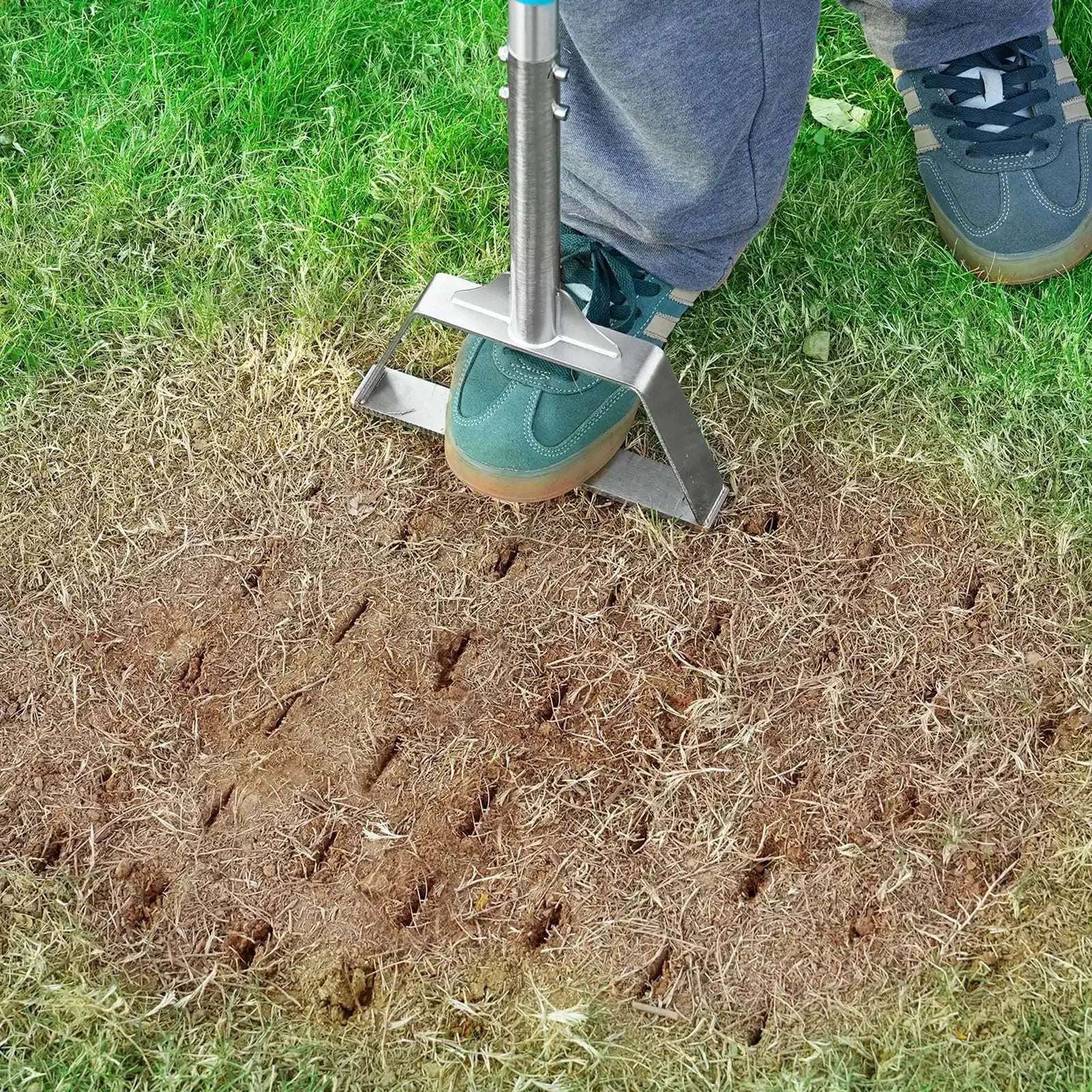 Semi Assembled Lawn Aerator With Four Steel Spikes Non Clogging Design Ergonomic Handle Reinforced Welding For Loosening Compacted Soil And Yard Aeration To Improve Air Water And Fertilizer Reaching Roots For Better Seeding Prep - Image 9