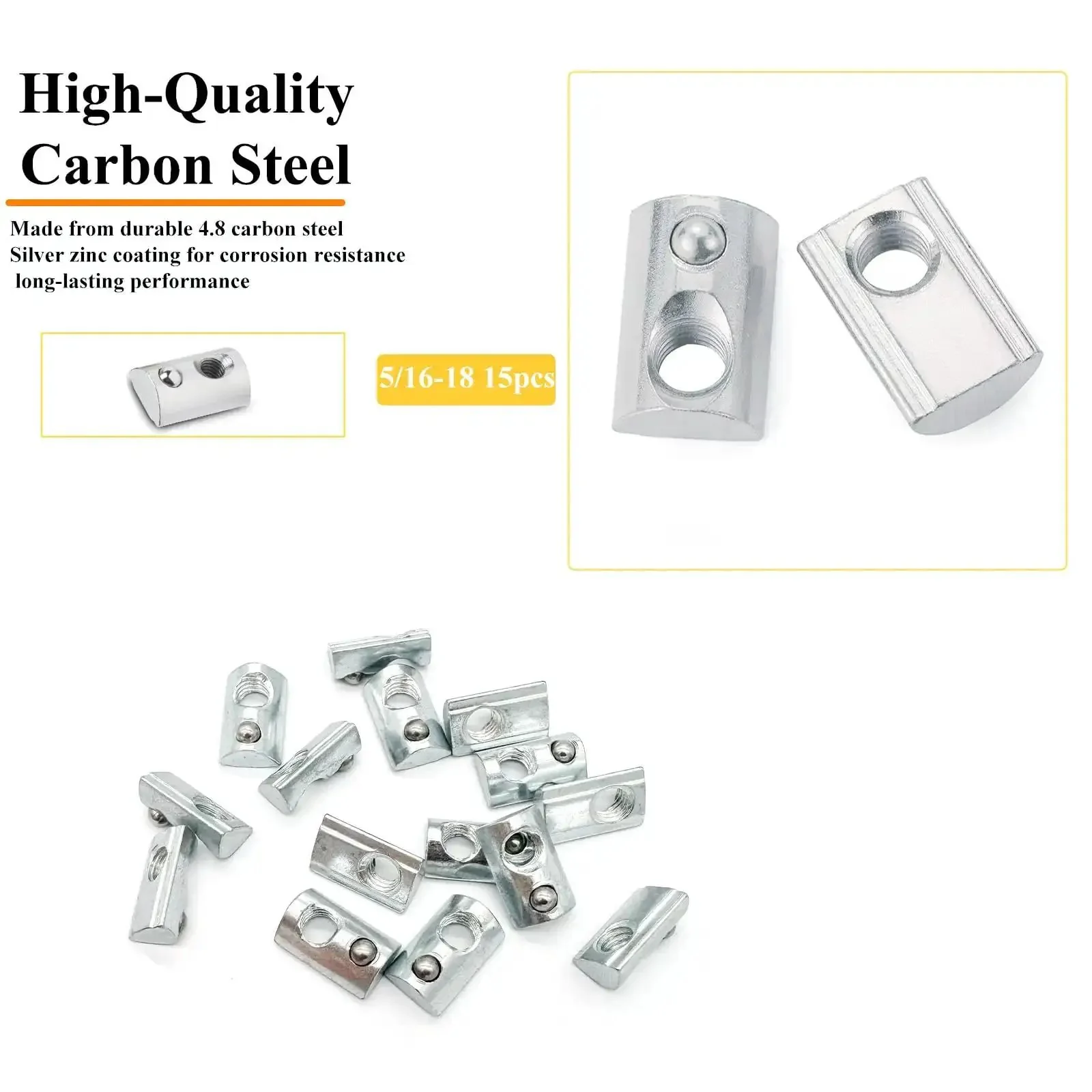 Set Of Fifteen Five Sixteenth Inch Eighteen Thread T Nuts Spring Loaded With Ball Bearings In Silver Zinc Plated Carbon Steel For 4040 Aluminum Extrusions And Slot Eight Systems Ideal For DIY Projects And Heavy Duty Aluminum Framing - Image 6