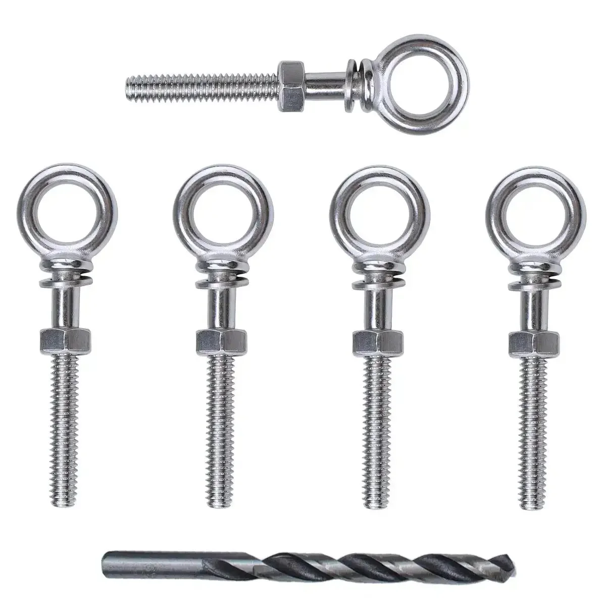 Set Of Five Eye Bolts With One Quarter Inch Thread Three Inch Overall Length T316 Stainless Steel Marine Grade Includes Nuts Washers And Drill Bit Heavy Duty Shoulder Lifting Ring