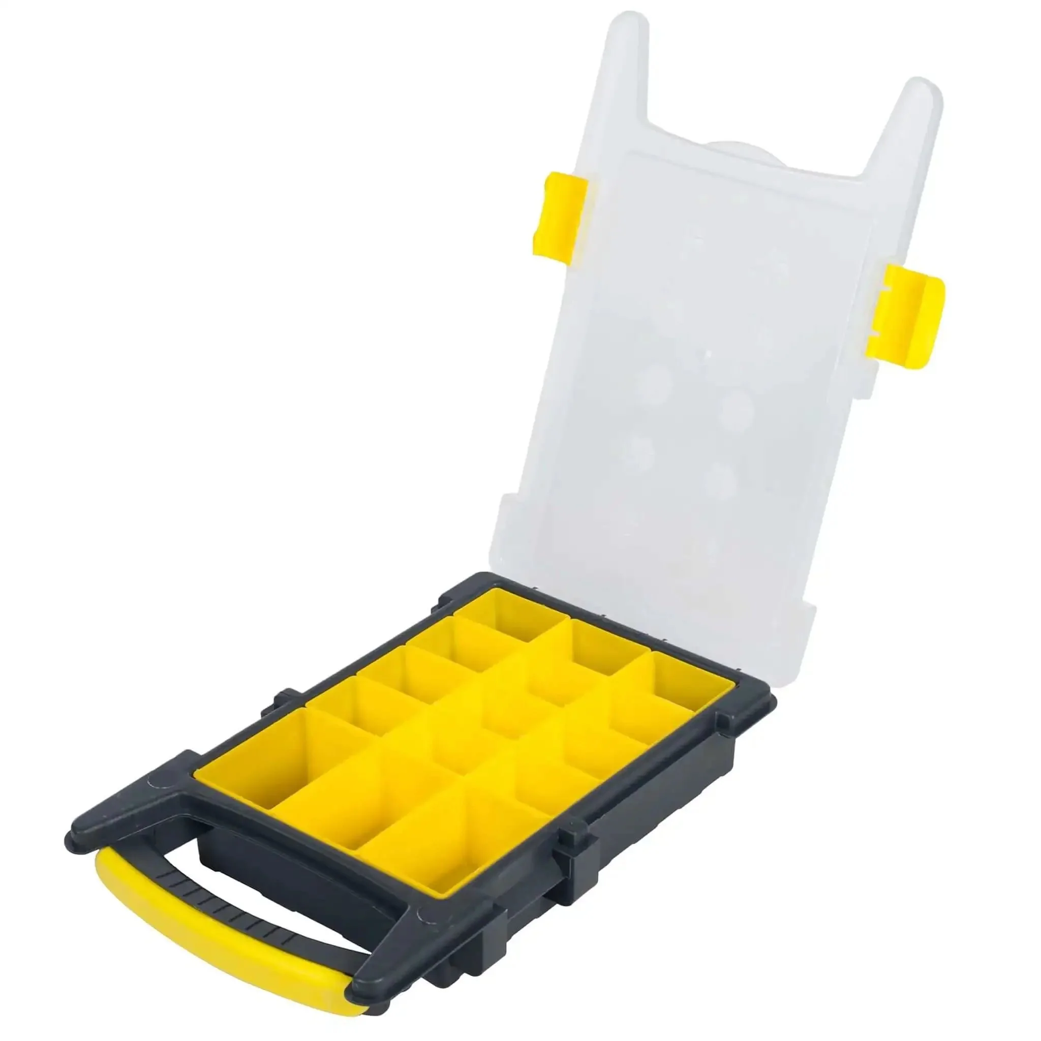 Set Of Four Plastic Clear Top Tool And Parts Organizer Box Set For Grab And Go Garage, Workshop, And Craft Room With Three Size Compartments In Yellow And Black Durable Clear Lids For Easy Visibility And Quick Access - Image 4