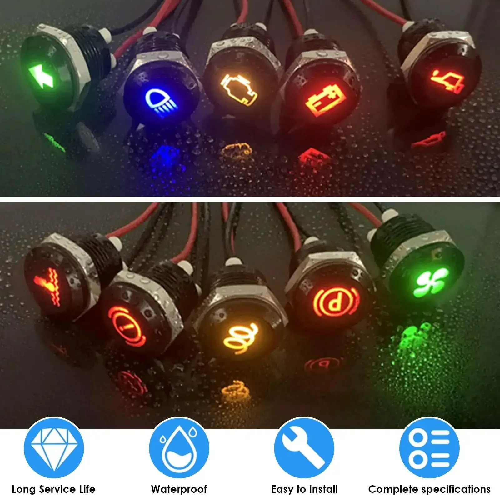 Seven Pack Half Inch 12V LED Indicator Lights Waterproof Metal Dash Signal Lights With 300mm Wires For 12V And 24V Vehicles Rugged Metal Housing High Brightness LEDs Panel Dash Accent - Image 3