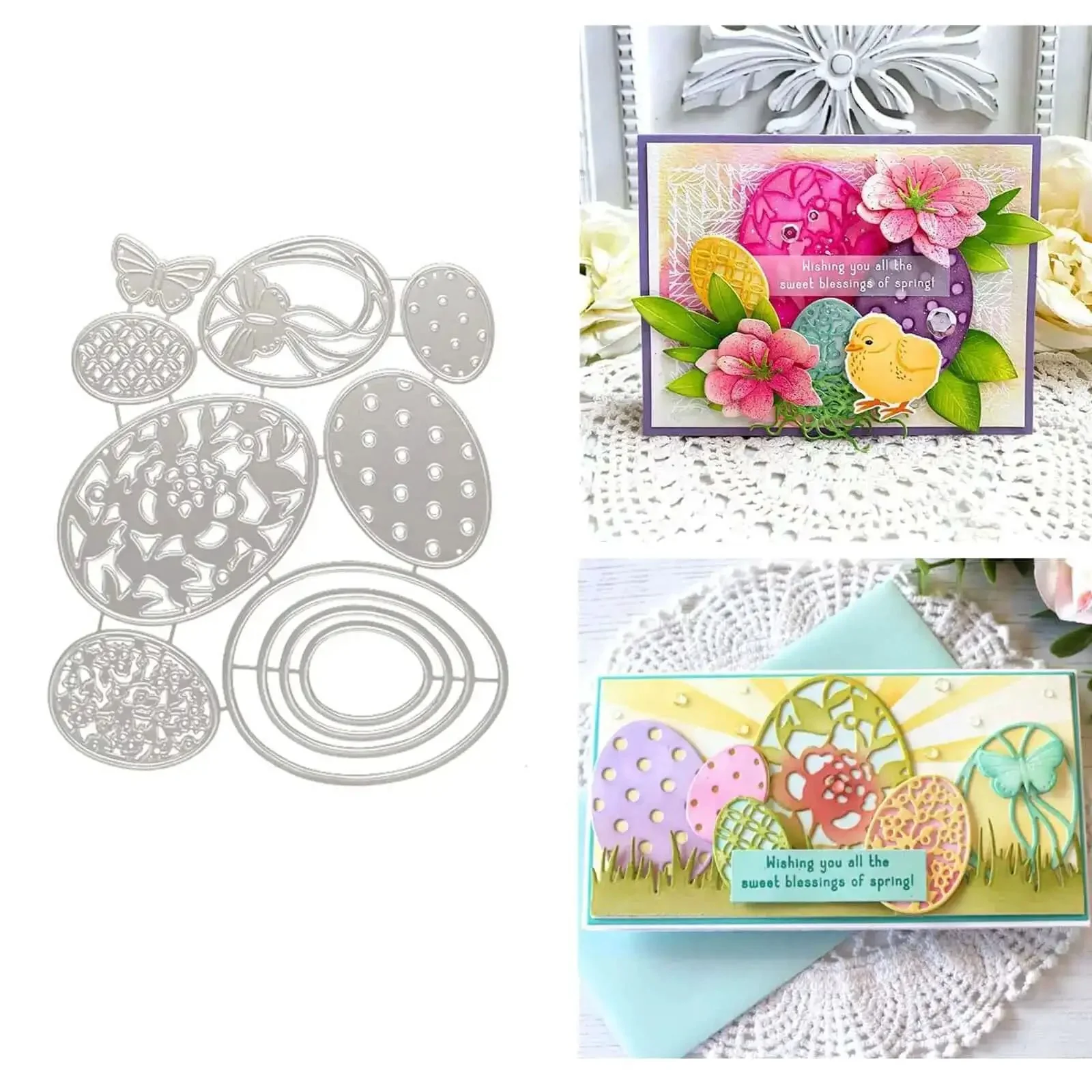 Seven Piece Easter Egg Die Cuts Set With Flower And Butterfly Frame Dies Stencils For DIY Embossing Card Making Scrapbooking And Paper Crafts Great For Gift Tags And Cards Includes Silver Finished Metal Dies For Reusable Stencils And Decorative Paper
