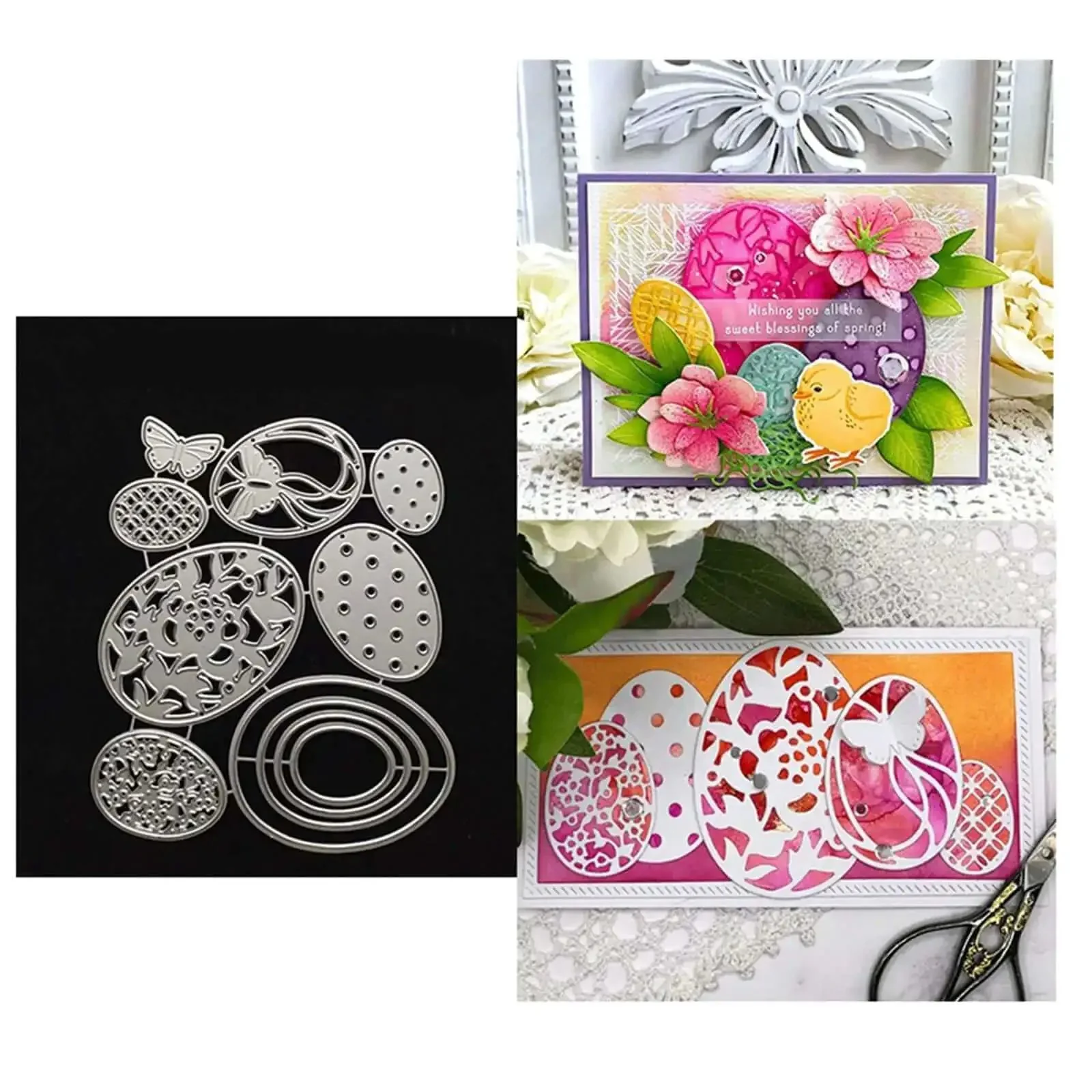 Seven Piece Easter Egg Die Cuts Set With Flower And Butterfly Frame Dies Stencils For DIY Embossing Card Making Scrapbooking And Paper Crafts Great For Gift Tags And Cards Includes Silver Finished Metal Dies For Reusable Stencils And Decorative Paper - Image 3