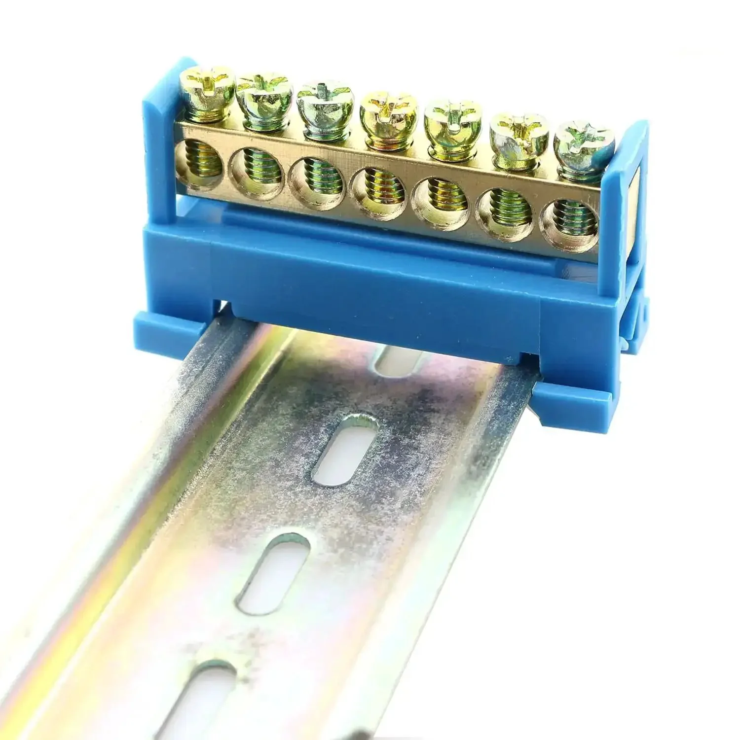 Seven Position Terminal Block Bus Bar With Brass Screw Terminals For DIN Rail Grounding Strip Easy Snap In Mount Fifty Millimeter Long Six Millimeter Holes M5 Screws Copper Bar Height Nine Millimeter Bottom Mount Cold Pressed Copper - Image 3