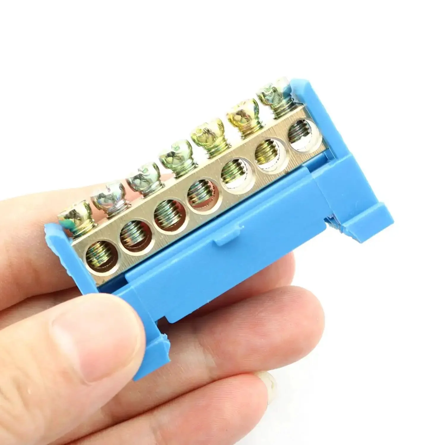 Seven Position Terminal Block Bus Bar With Brass Screw Terminals For DIN Rail Grounding Strip Easy Snap In Mount Fifty Millimeter Long Six Millimeter Holes M5 Screws Copper Bar Height Nine Millimeter Bottom Mount Cold Pressed Copper - Image 4