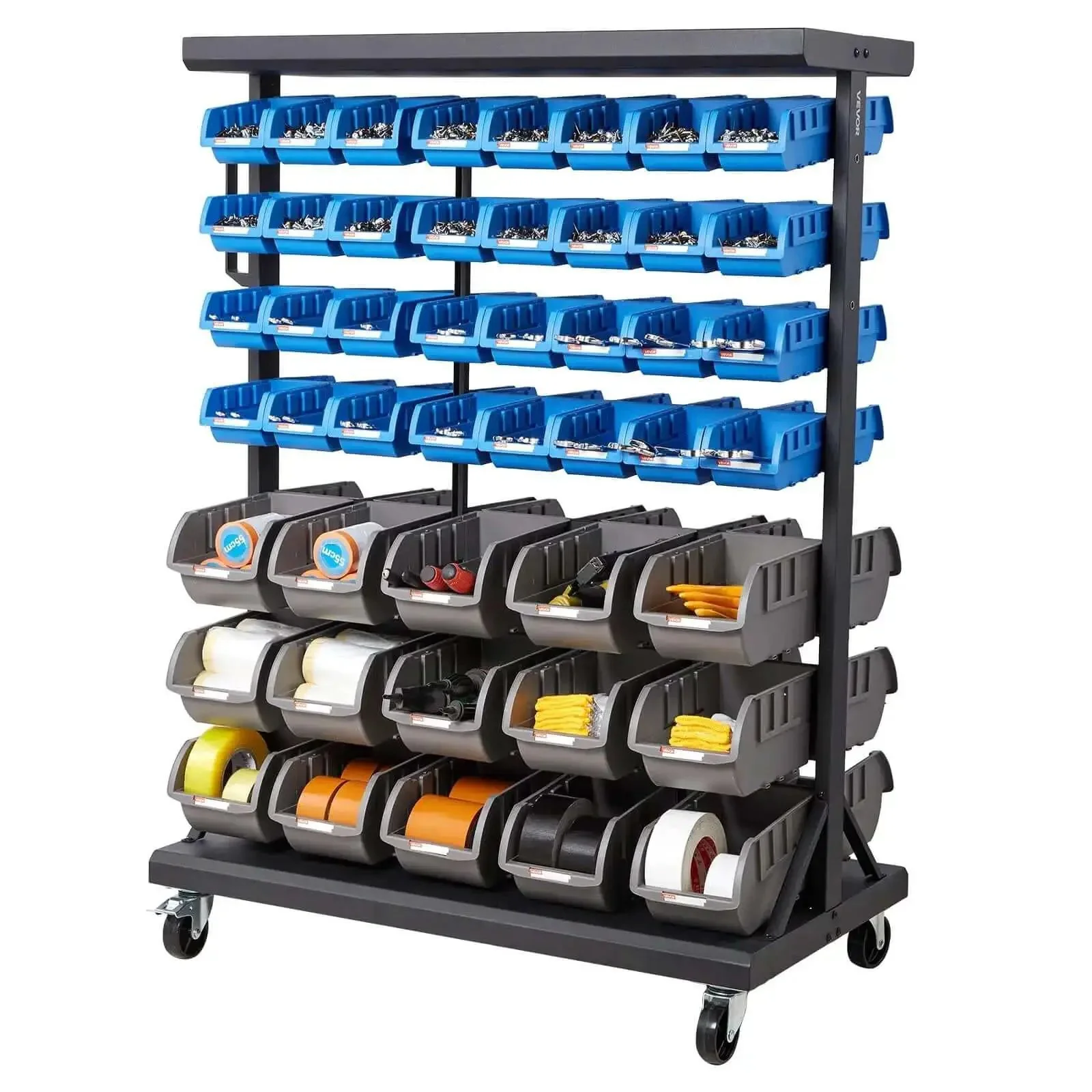 Seven Tier Double Sided Rolling Bin Storage Rack With Ninety Four Plastic Bins On Wheels Dual Sided Parts Organizer For Garage Workshop Warehouse Office Restaurant Classroom And Kitchen