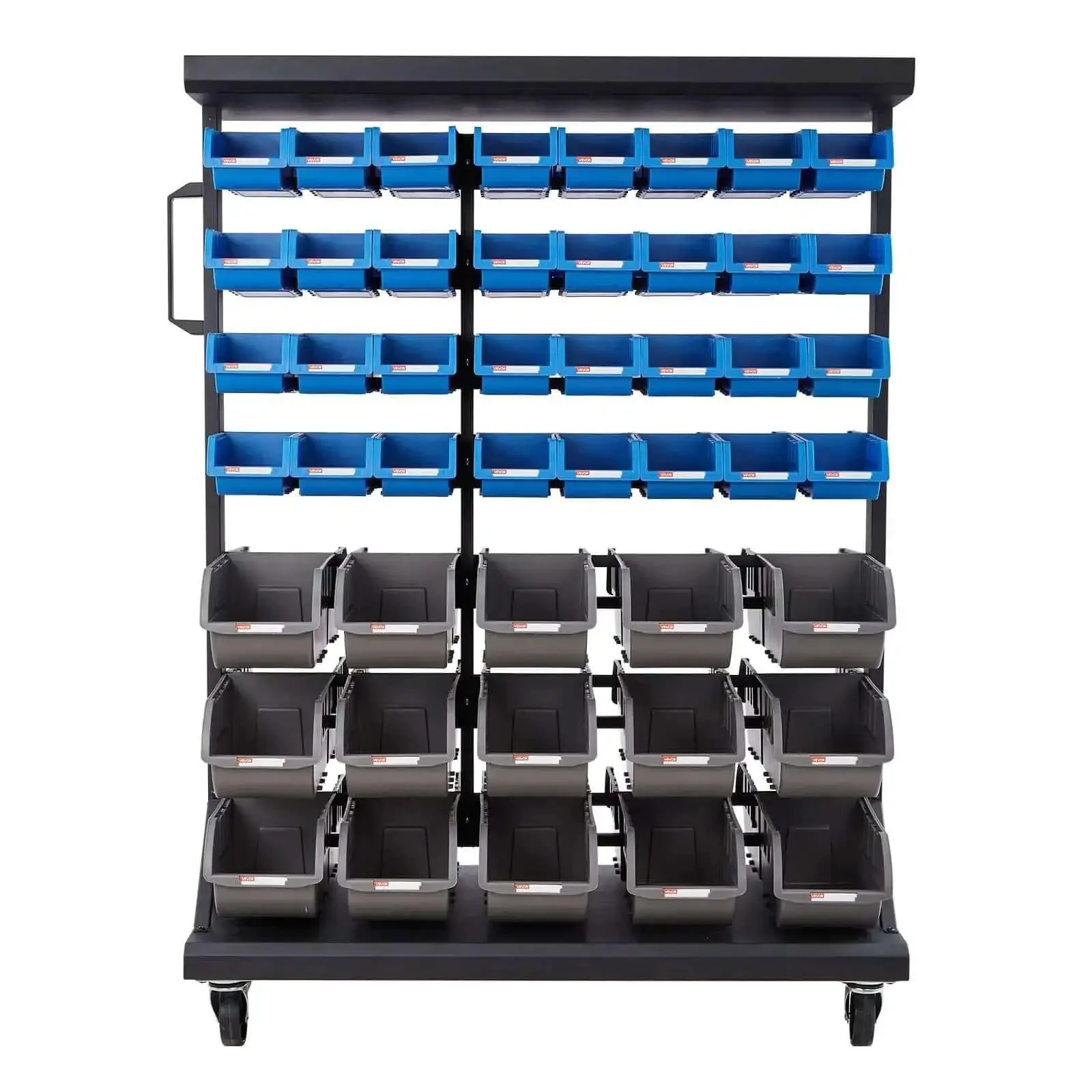 Seven Tier Double Sided Rolling Bin Storage Rack With Ninety Four Plastic Bins On Wheels Dual Sided Parts Organizer For Garage Workshop Warehouse Office Restaurant Classroom And Kitchen - Image 2