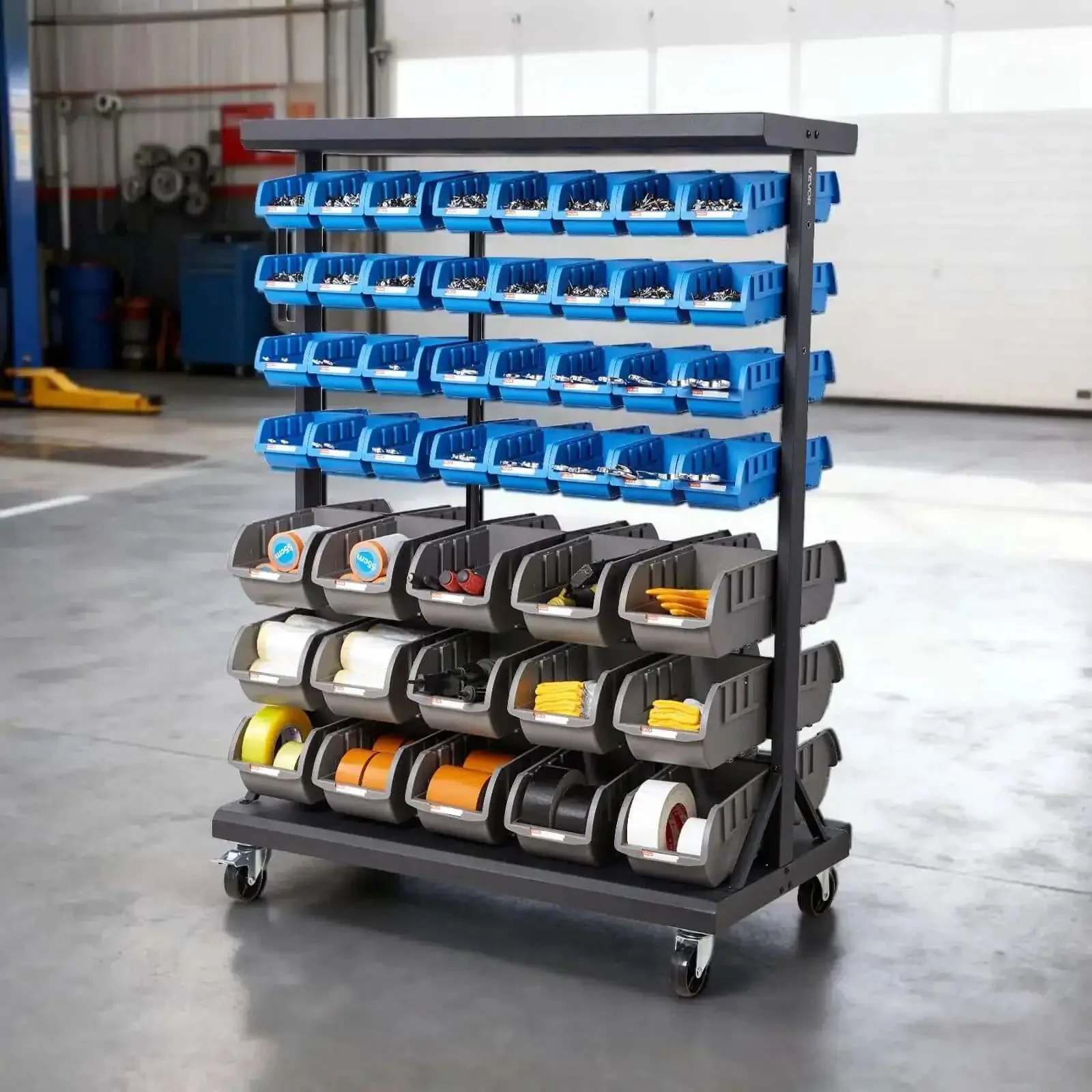 Seven Tier Double Sided Rolling Bin Storage Rack With Ninety Four Plastic Bins On Wheels Dual Sided Parts Organizer For Garage Workshop Warehouse Office Restaurant Classroom And Kitchen - Image 3