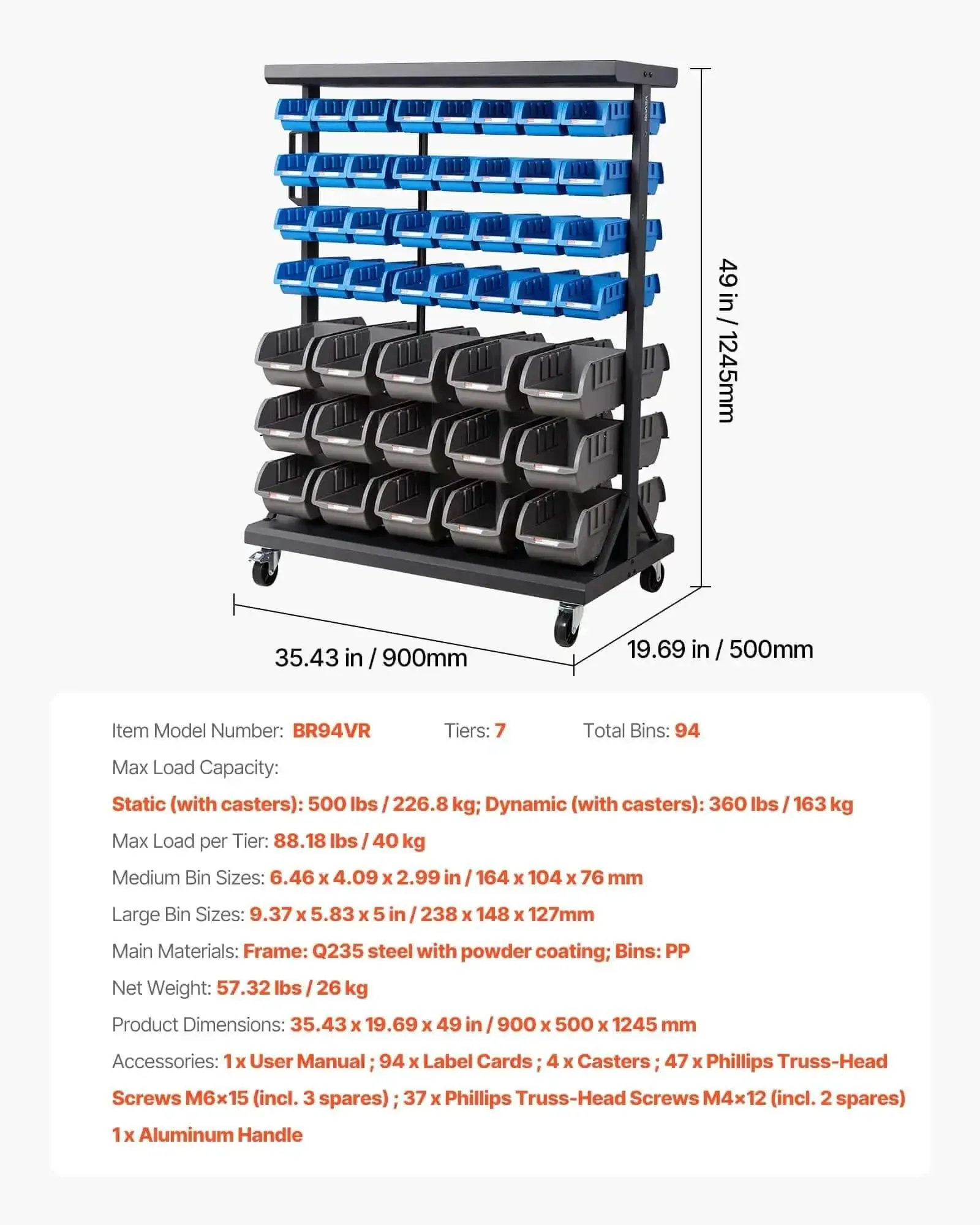 Seven Tier Double Sided Rolling Bin Storage Rack With Ninety Four Plastic Bins On Wheels Dual Sided Parts Organizer For Garage Workshop Warehouse Office Restaurant Classroom And Kitchen - Image 4