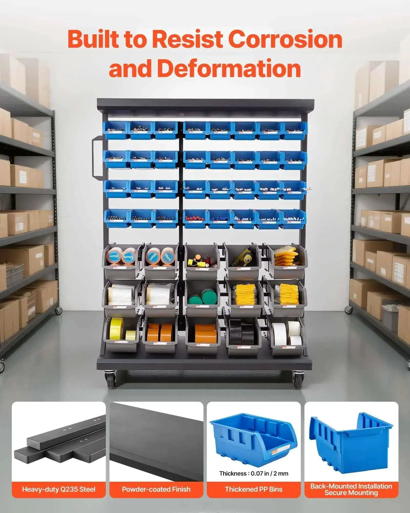 Seven Tier Double Sided Rolling Bin Storage Rack With Ninety Four Plastic Bins On Wheels Dual Sided Parts Organizer For Garage Workshop Warehouse Office Restaurant Classroom And Kitchen - Image 6