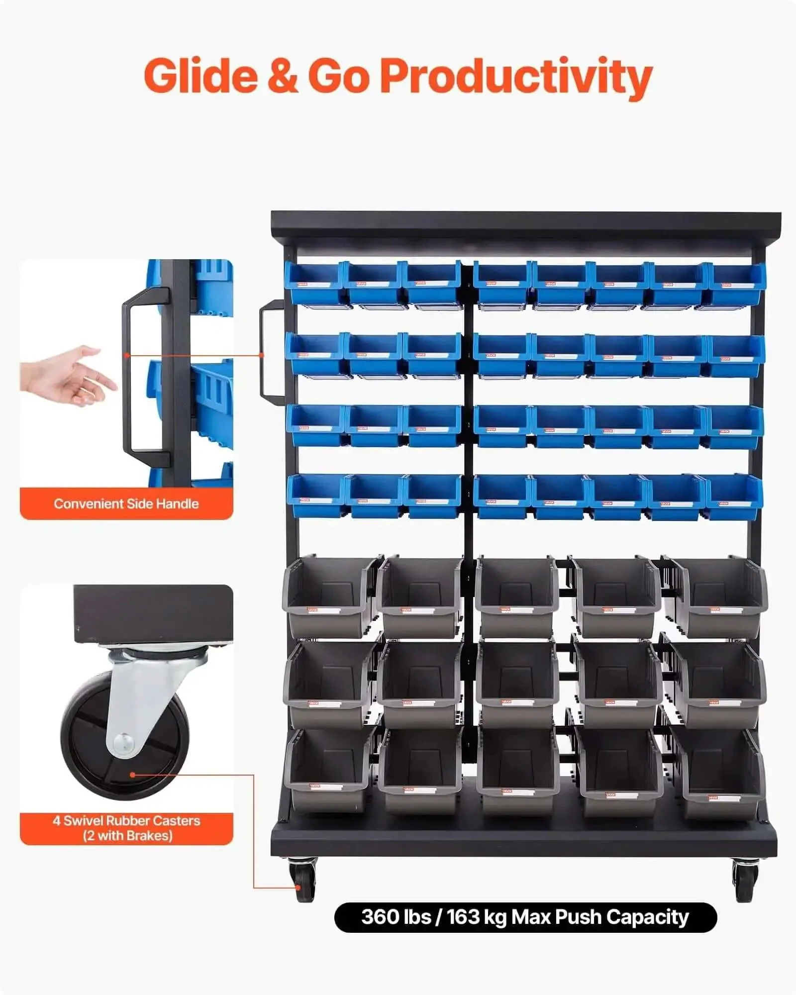 Seven Tier Double Sided Rolling Bin Storage Rack With Ninety Four Plastic Bins On Wheels Dual Sided Parts Organizer For Garage Workshop Warehouse Office Restaurant Classroom And Kitchen - Image 8