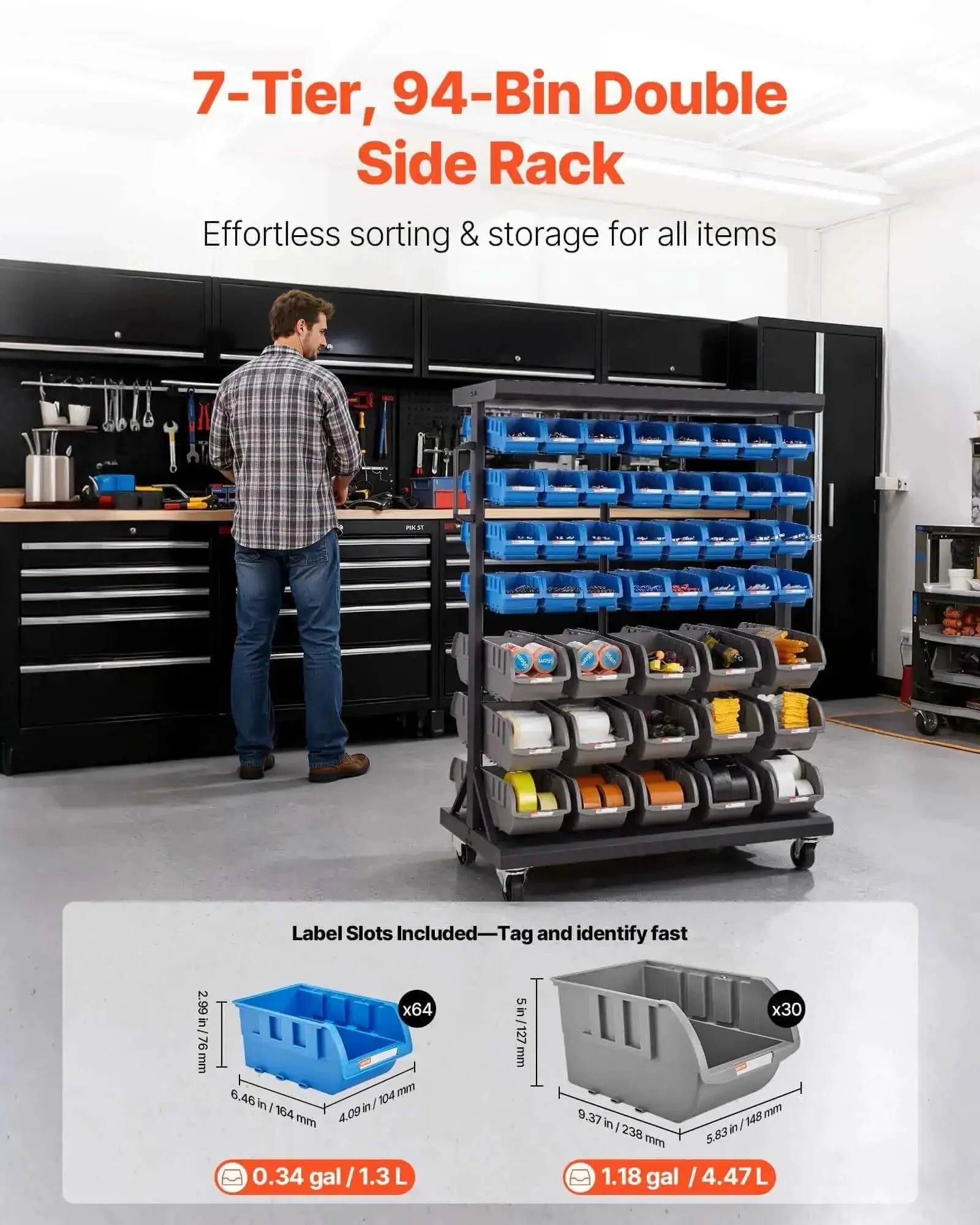 Seven Tier Double Sided Rolling Bin Storage Rack With Ninety Four Plastic Bins On Wheels Dual Sided Parts Organizer For Garage Workshop Warehouse Office Restaurant Classroom And Kitchen - Image 9
