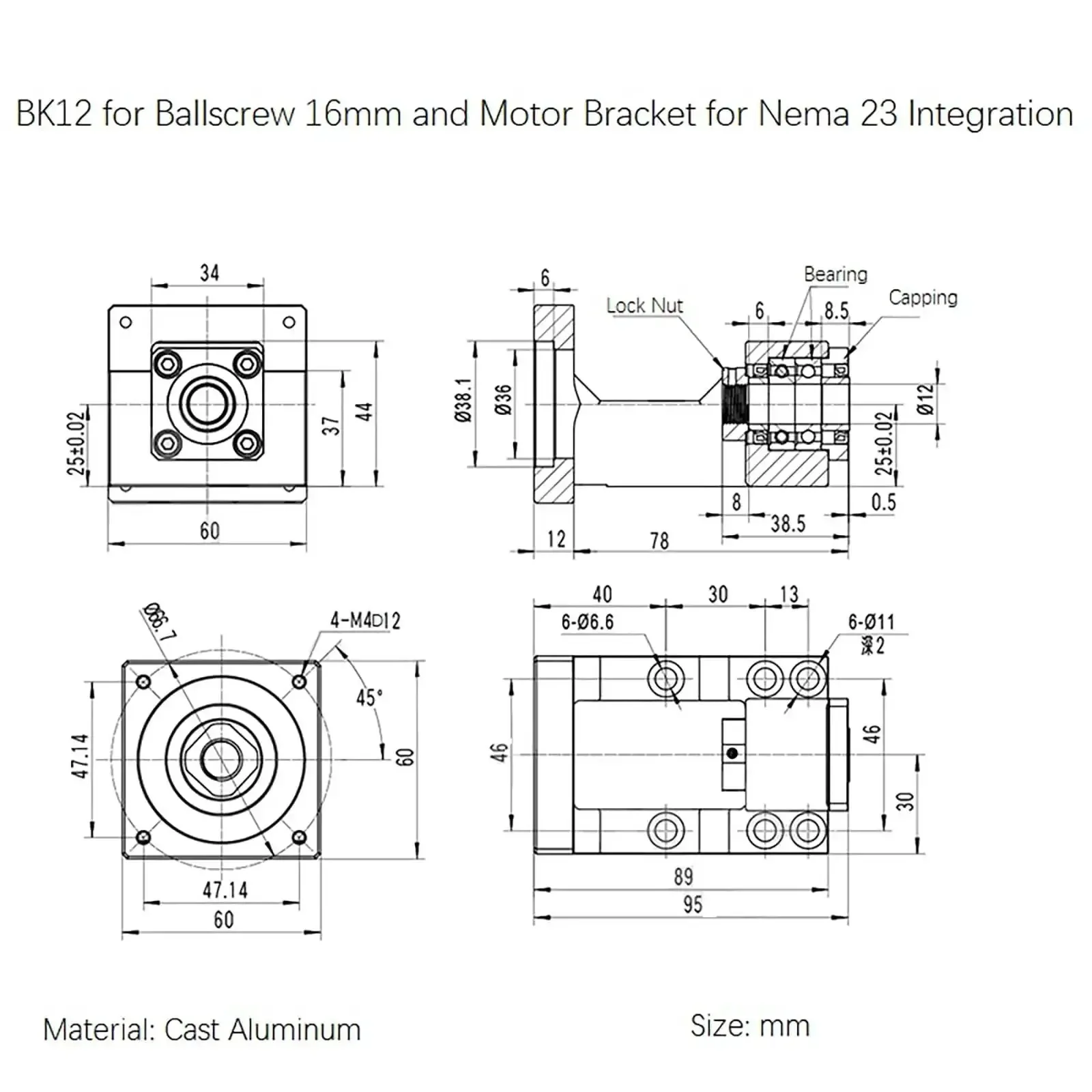 SFU1605 Linear Motion CNC Ball Screw Kit With Anti Backlash Nut 750mm 29.53in 16mm Ballscrew All In One Bundle Includes BK12 End Supports BF12 Coupler Nut Housing And Nema 23 Motor Mount - Image 6