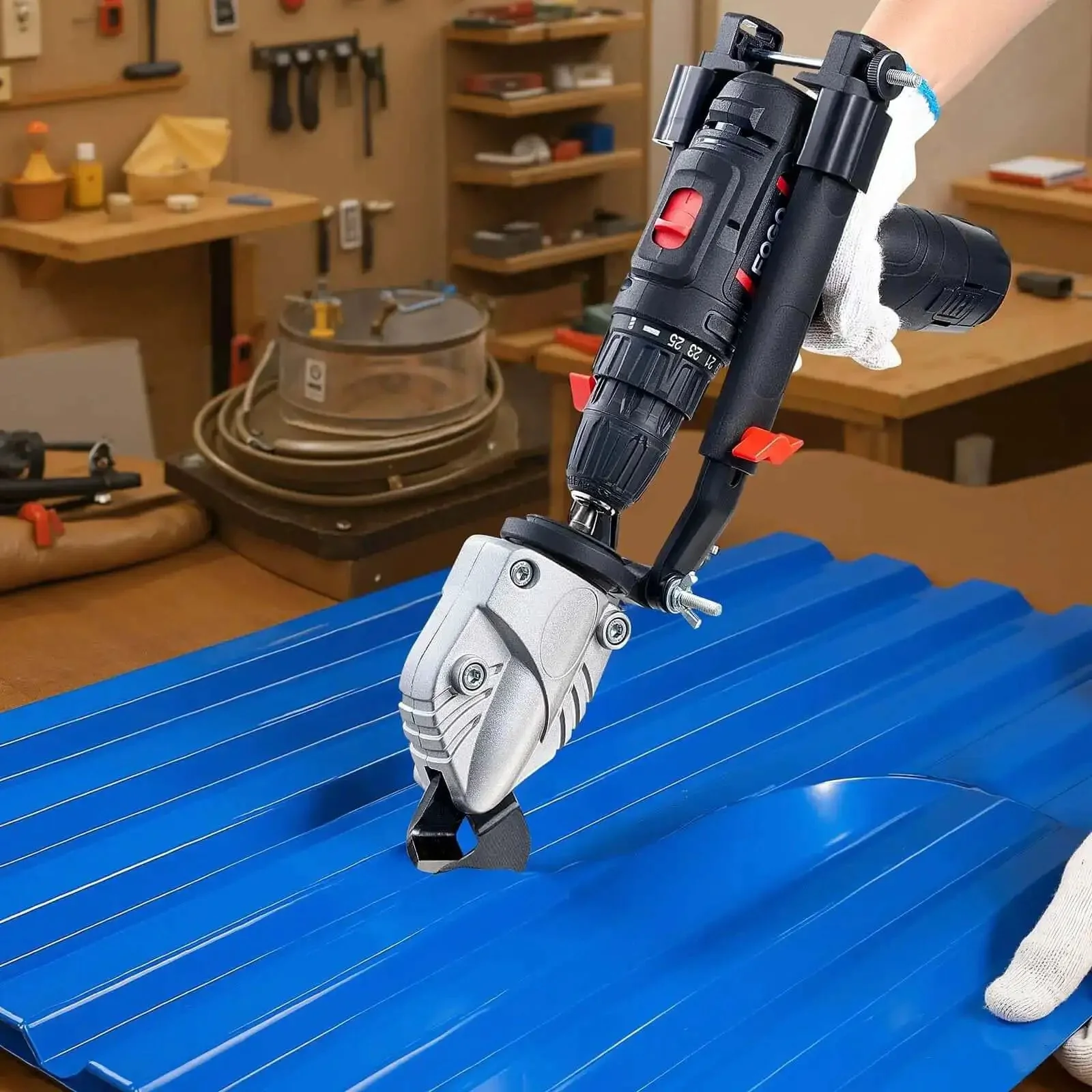Sheet Metal Cutter Drill Attachment With 360 Degree Pivoting Head Sharp Blades Cuts 18 GA Galvanized Steel 20 GA Stainless Steel Aluminum Plastic And Cardboard For DIY Projects And Light Fabrication - Image 3