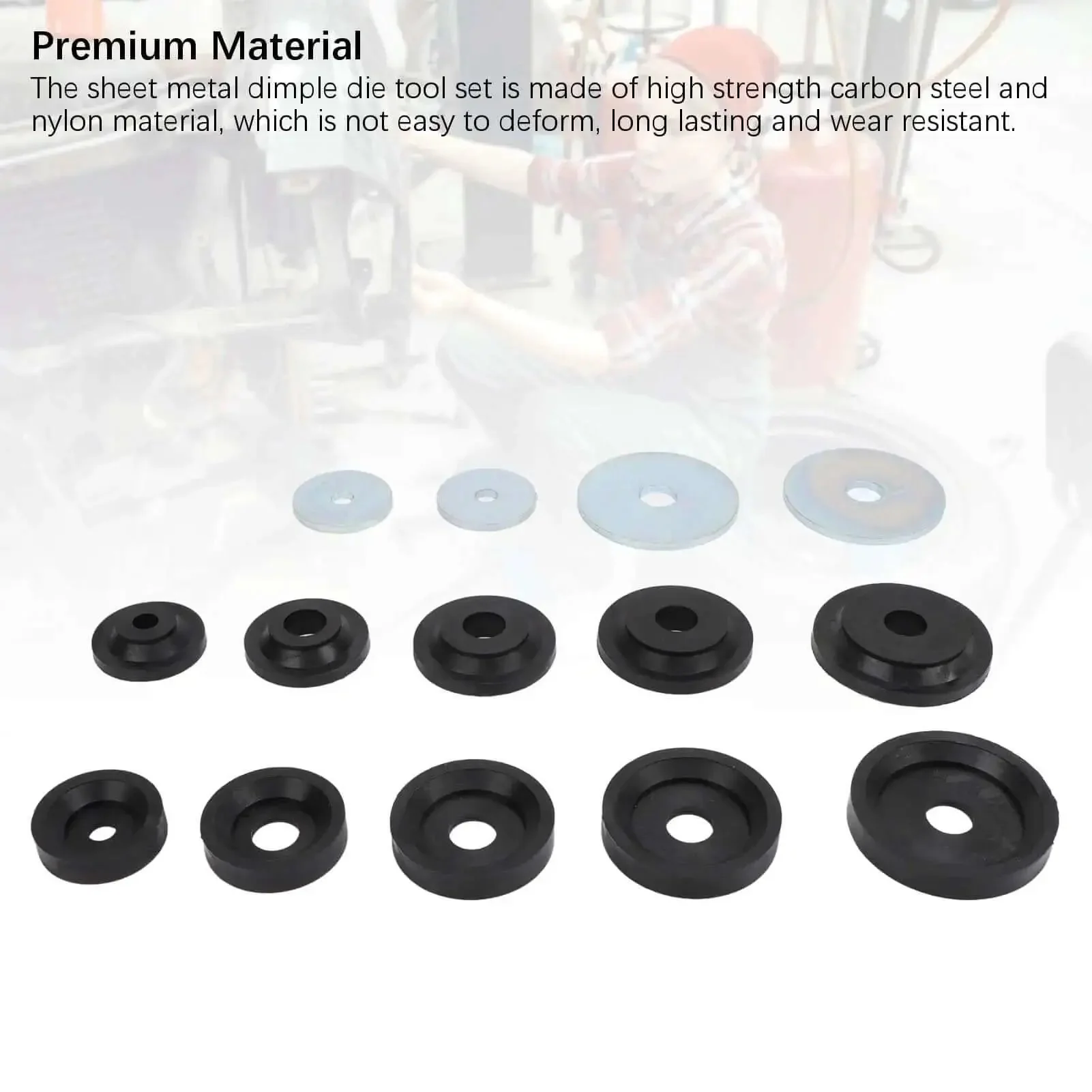 Sheet Metal Dimple Die Set Pro Grade 14 Pc Carbon Steel With Flared Hole Dies And Nylon Backing Discs For Hydraulic Punch Driver Heavy Duty Dimple Tool Kit For Durable High Strength Metalwork - Image 9