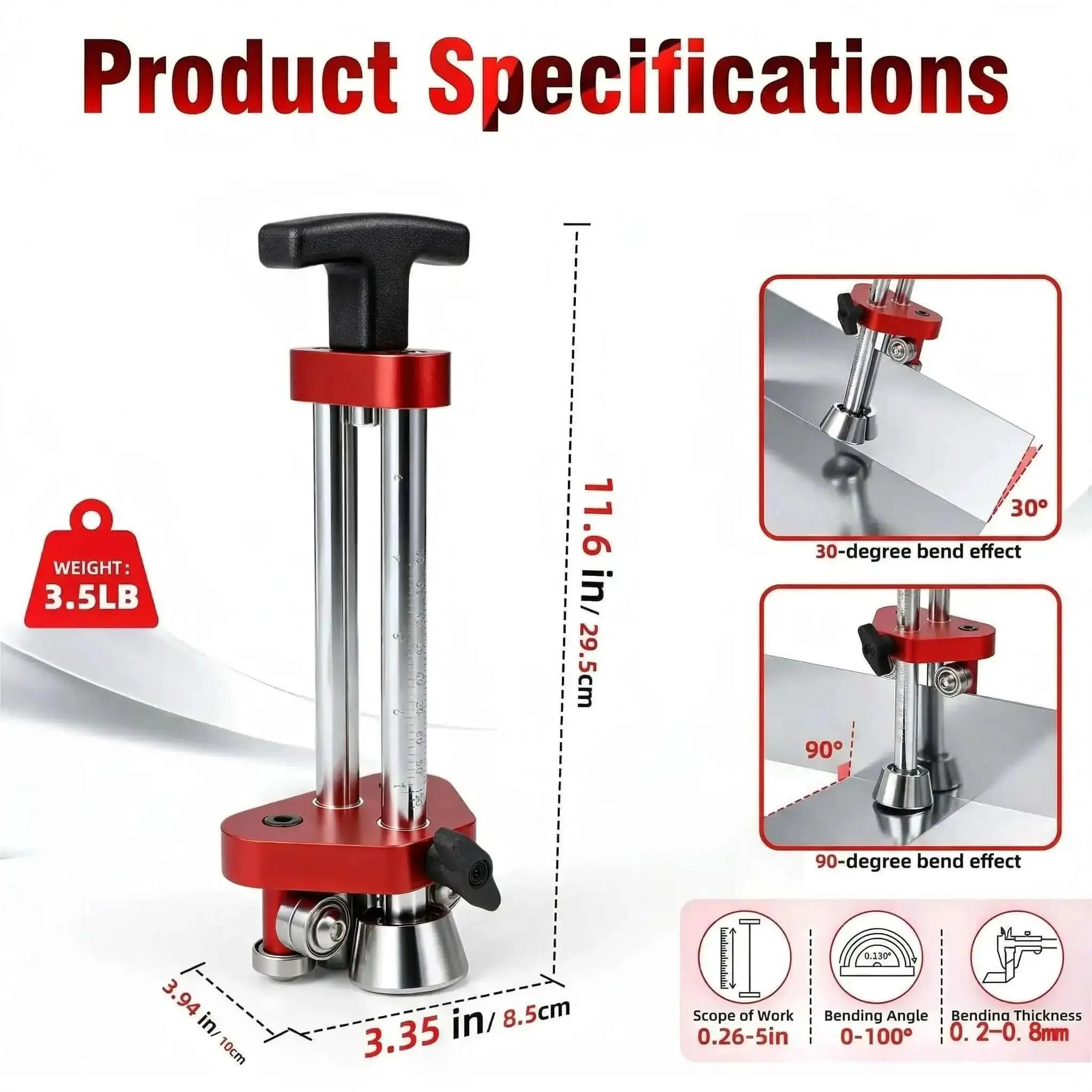 Sheet Metal Roller Pro Grade 1-Station Bender for Iron Aluminum Copper Stainless Steel with 0-100 Degree Bend Range, 0.26-5 Inch Length, 0.2-0.8mm Thickness, Red, Ideal for Roofing Flashing Edging and Metal Panel Work Tools - Image 8