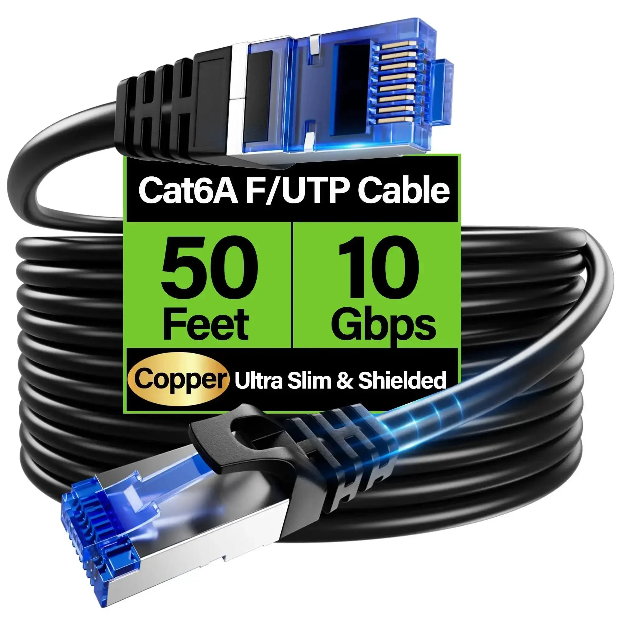 Shielded Cat6A Ethernet Cable 10Gbps 50 Ft Slim F/UTP Bare Copper 28AWG For Server And Data Center Space Saving Network Cable 550MHz Black Durable For 4K Streaming And Gaming