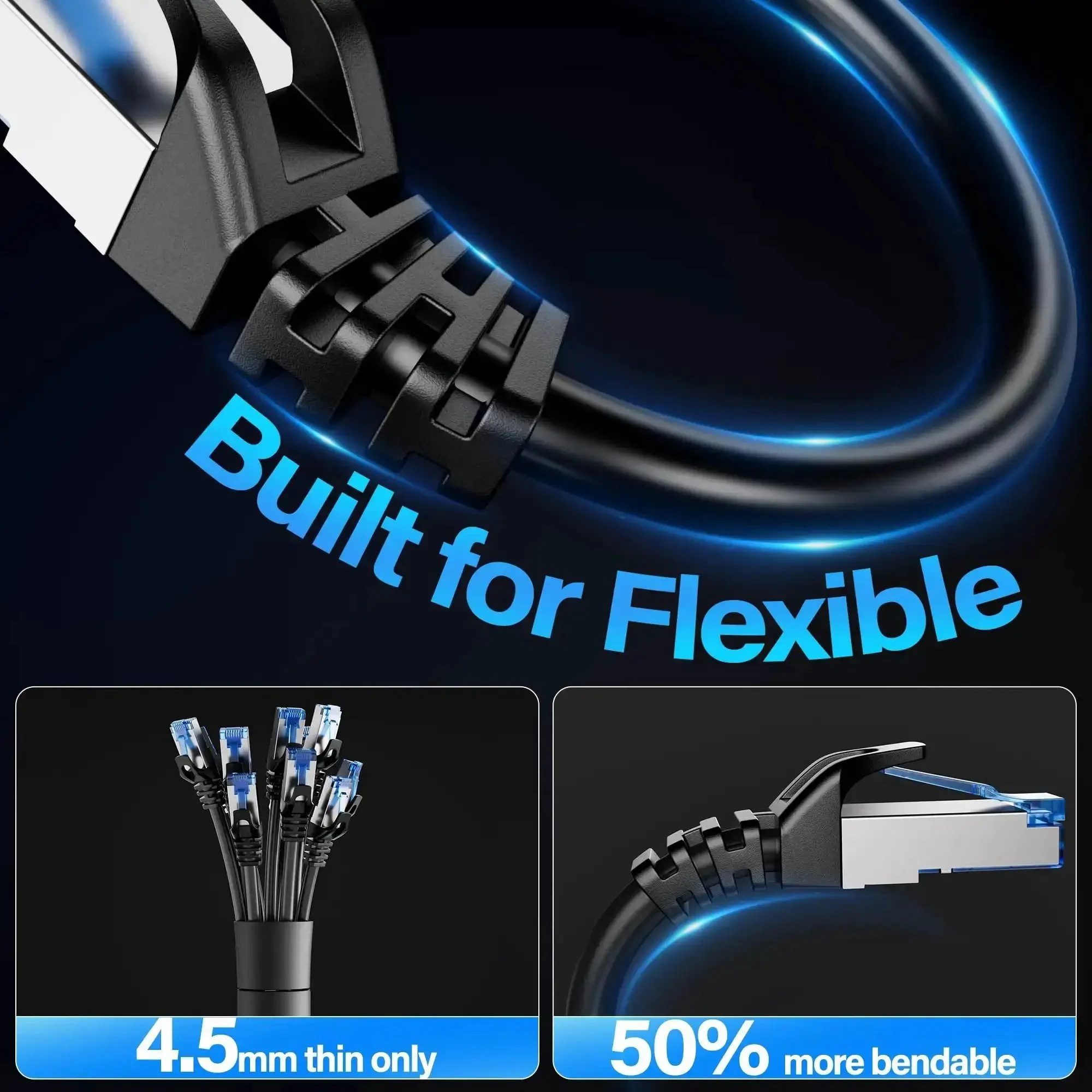 Shielded Cat6A Ethernet Cable 10Gbps 50 Ft Slim F/UTP Bare Copper 28AWG For Server And Data Center Space Saving Network Cable 550MHz Black Durable For 4K Streaming And Gaming - Image 5