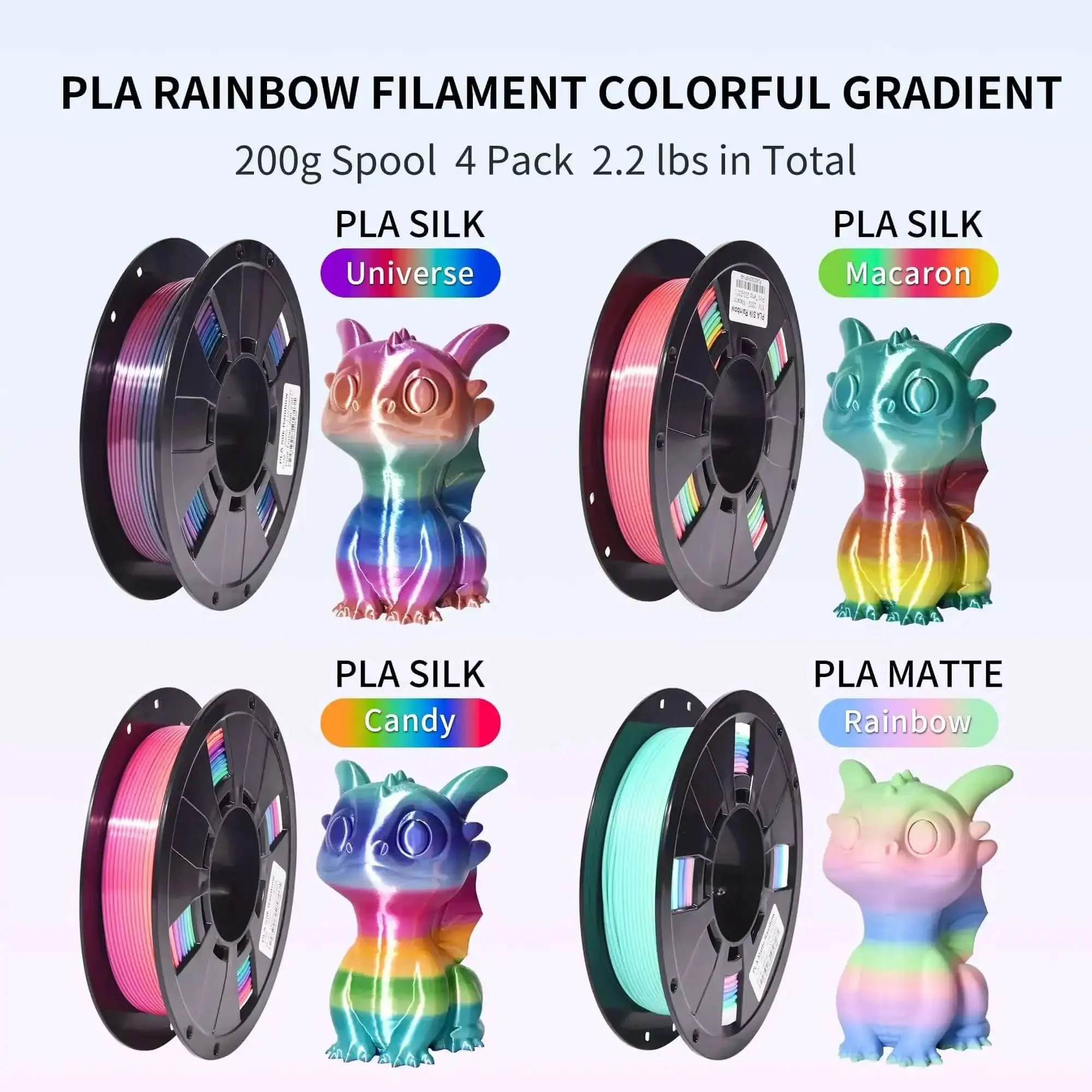 Shiny Rainbow PLA Filament Bundle For 3D Printing, 1.75mm, 200g Per Spool, 4 Spools Included, Color Changing Multicolor Filament Set For Vivid Candy Shine, Easy Printing And Strong Finish - Image 9
