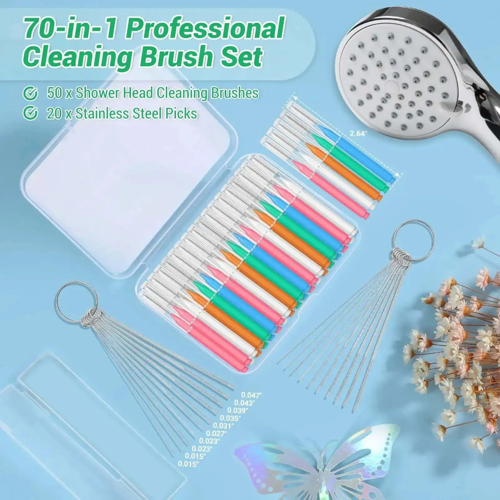 Shower Head Revival All In One Cleaning Kit With 50 Ultra Fine Nylon Brushes And 20 Surgical Steel Picks For Unclogging Nozzles Limescale Mineral Buildup Mold In Showers Faucets And Small Holes In 3D Printers And Cups Storage Case Included - Image 7