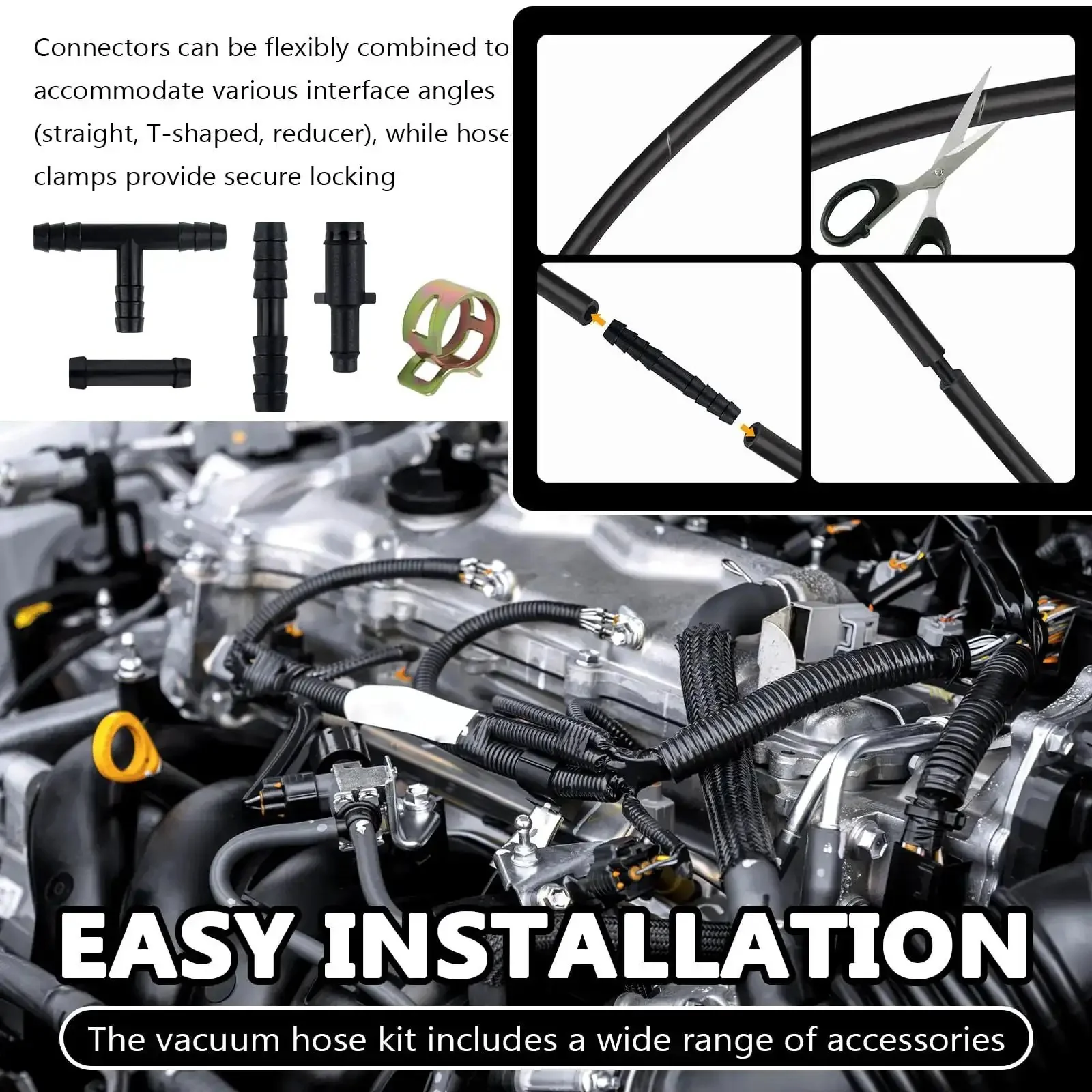 Silicone Vacuum Hose Kit For Cars Six Sizes From 1/8 To 3/8 Inch With 64 Connectors And 24 Clamps 94 Piece Set Includes 4.92 Foot Hoses High Temp Resistant Ideal For Repairs And Replacements And Custom Vac Line Upgrades - Image 4