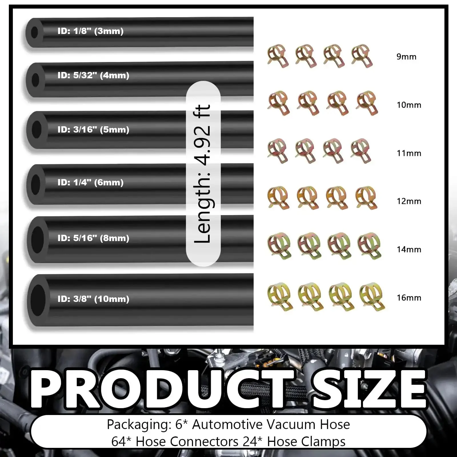 Silicone Vacuum Hose Kit For Cars Six Sizes From 1/8 To 3/8 Inch With 64 Connectors And 24 Clamps 94 Piece Set Includes 4.92 Foot Hoses High Temp Resistant Ideal For Repairs And Replacements And Custom Vac Line Upgrades - Image 7
