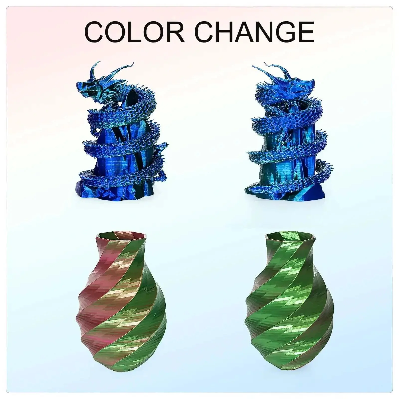 Silk Dual Color PLA Filament Bundle, 1.75mm, 4 Spools Each At 250g, Dope Color Changing Silk Finish, Rose And Blue, Red And Gold, Violet And Green, Blue And Green, Perfect For High Gloss 3D Printing - Image 6