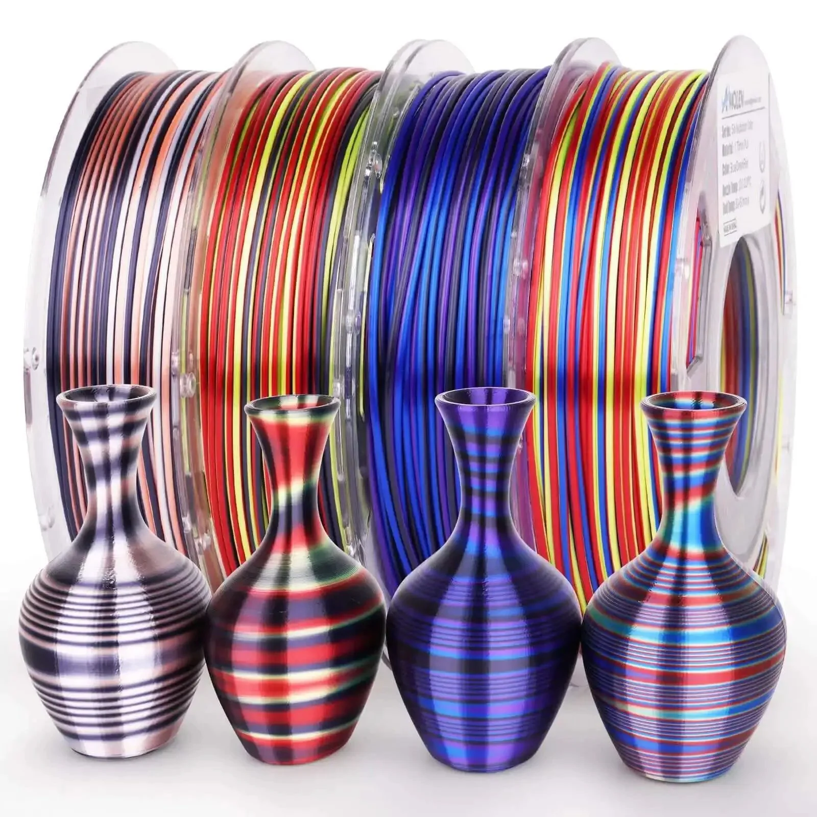 Silk Multicolor Rainbow PLA Filament Bundle For 3D Printing, 1.75mm, Four 200g Spools, Easy Color Change, Vibrant Shiny Filament For Most FDM Printers Everywhere