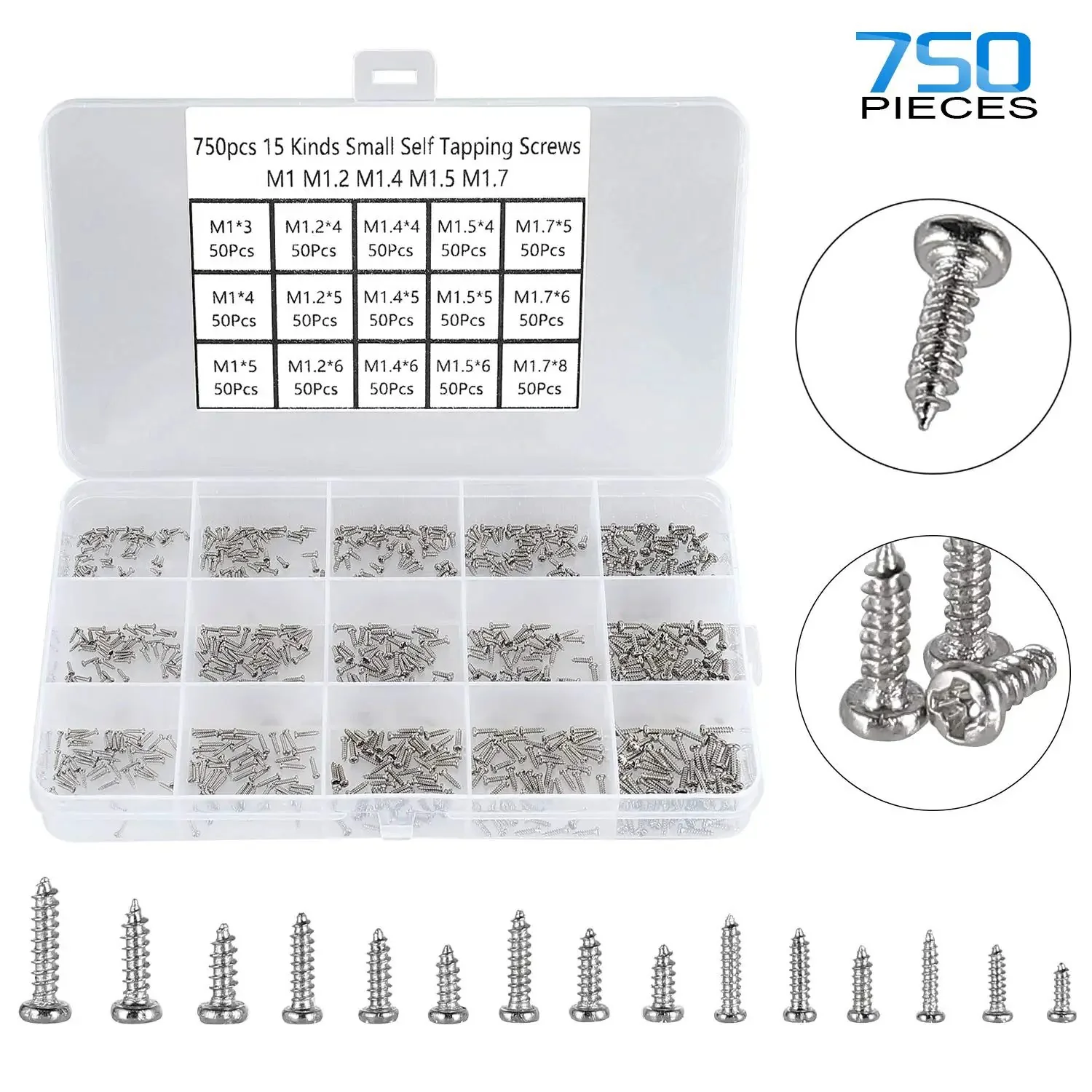 Silver Tiny Electronics Screws Kit 750 Pcs Set With M1 To M1.7 Phillips Pan Head Self Tapping Screws Micro Wood And Mini Electronic Fasteners Assortment In Carbon Steel 15 Sizes For Quick Fixes - Image 2