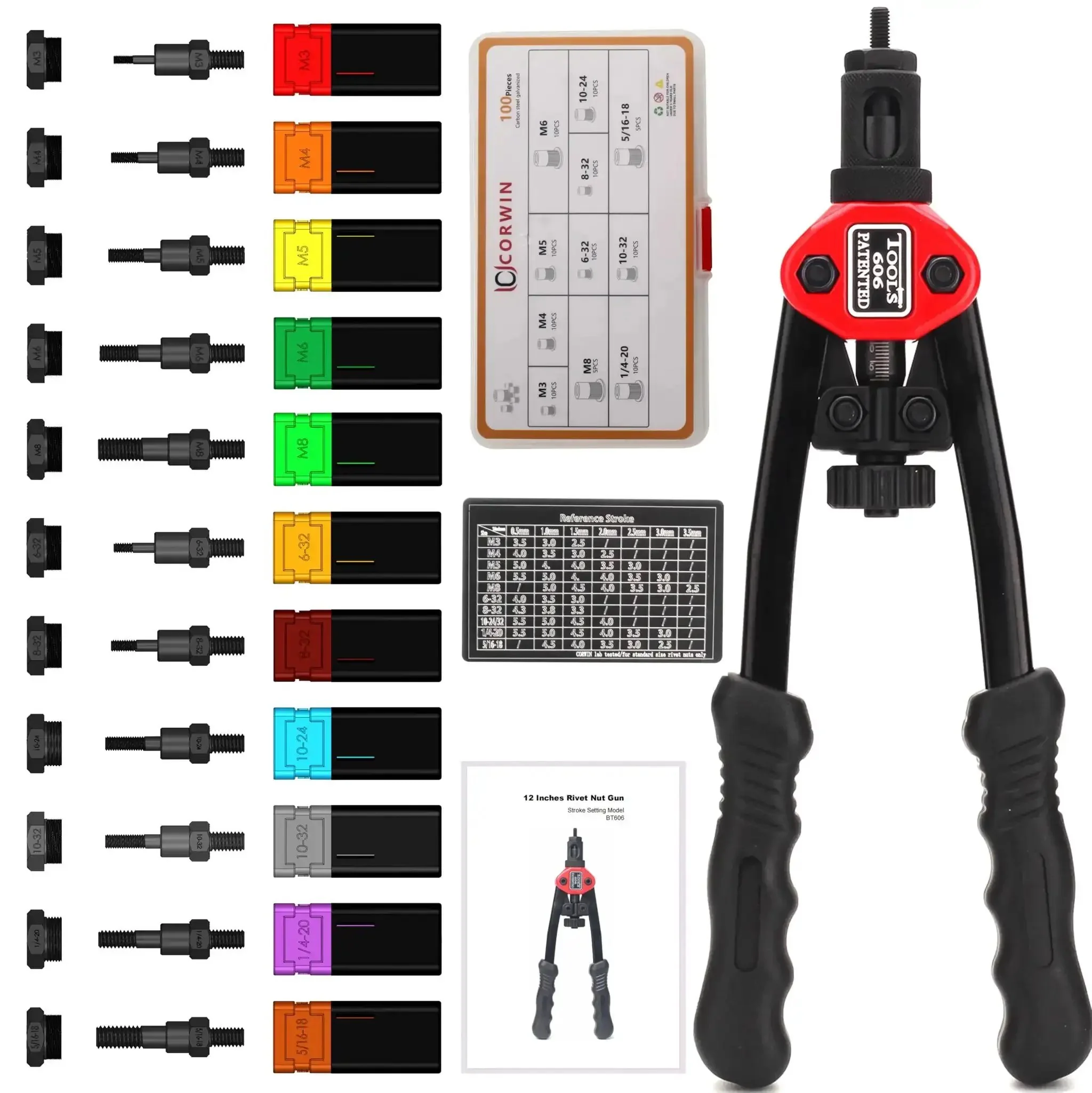 Simple Stroke Setting Rivet Nut Tool Kit, 12 Inch Mid Size Complete Set With 11 Accessories And 100 Rivet Nuts, Tool Free Stroke Adjustment In Seconds For Precise No Guess Deformation In Tight Workspaces