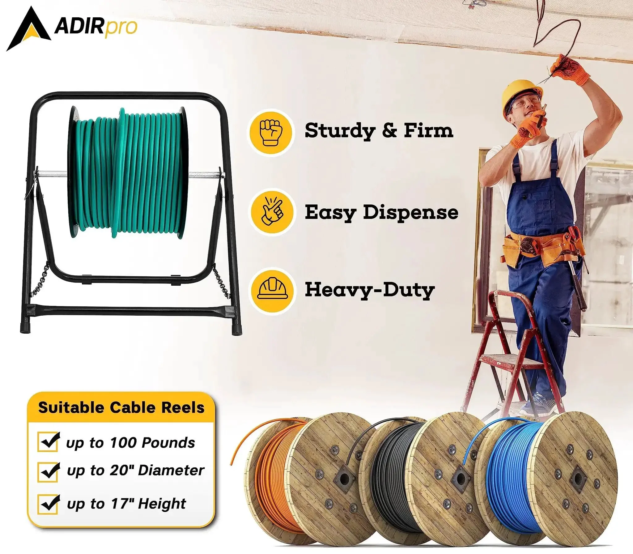 Single Axle Cable Reel Caddy Built To Last Heavy Duty Industrial Steel Wire Dispenser Holds Reels Up To Twenty Inch Diameter And One Hundred Pound Capacity Black With Rugged Finish For Tough Worksites - Image 5