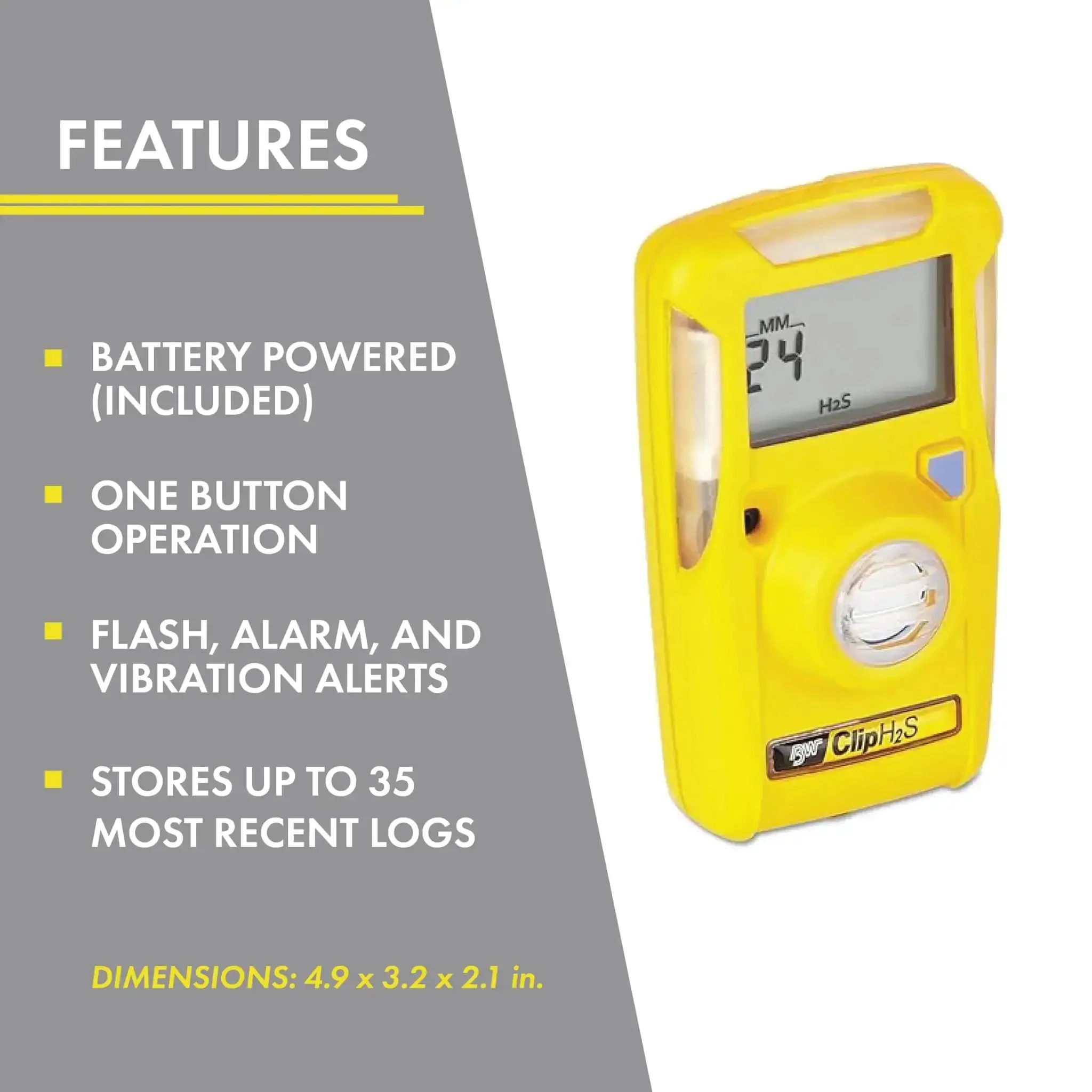 Single Gas Detector For Hydrogen Sulfide H2S With No Fuss One Button Operation Calibration-Free Up To Two Years Wide Angle Flash With Audible And Vibration Alerts Automatically Logs 35 Gas Events Compatible With Micro Dock II - Image 3