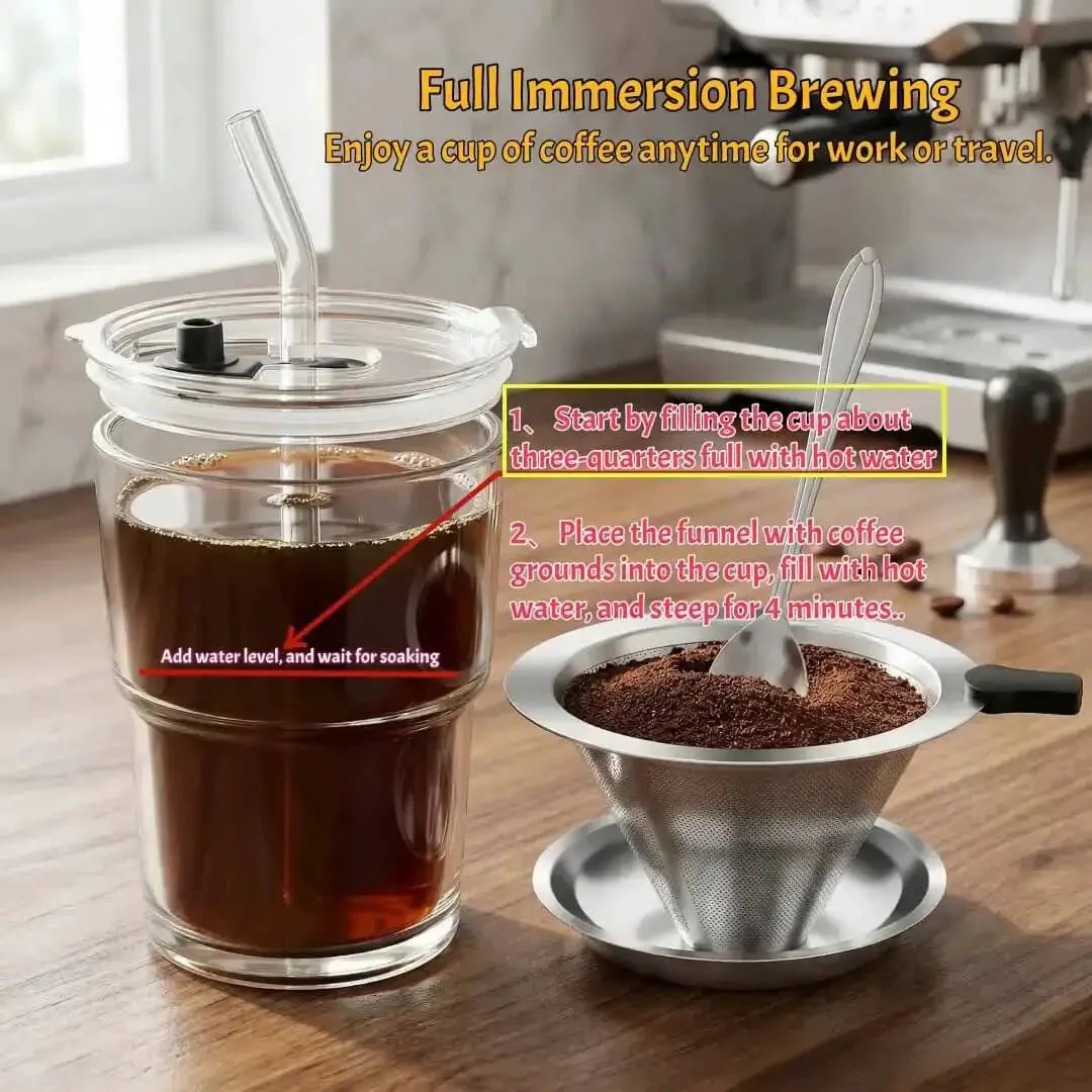 Single Serve Immersion Coffee Maker With Glass Pour Over Dripper And Reusable Stainless Steel Filter Manual Brew On The Go Coffee Maker For Home Office Travel 380ml Cup - Image 5
