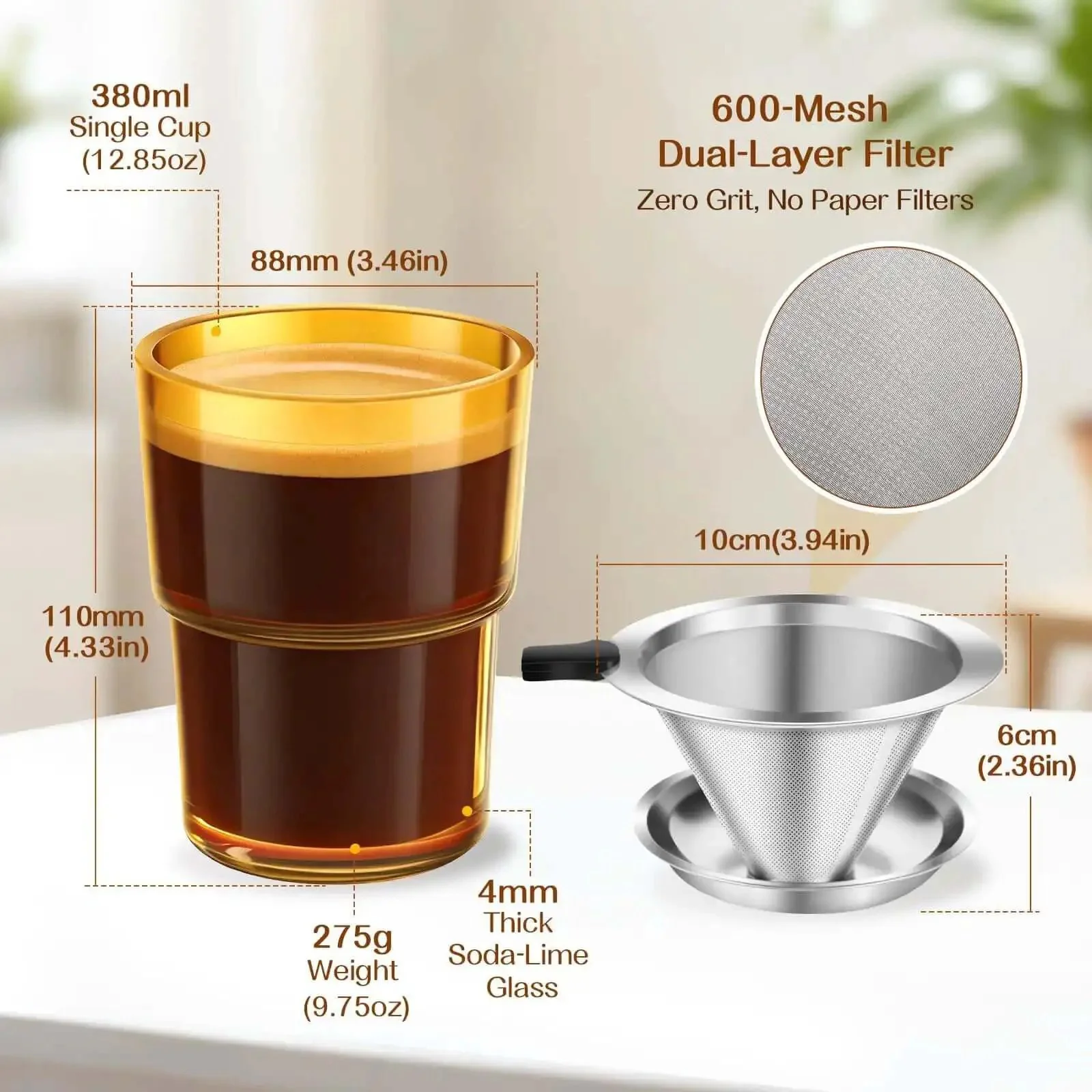 Single Serve Immersion Coffee Maker With Glass Pour Over Dripper And Reusable Stainless Steel Filter Manual Brew On The Go Coffee Maker For Home Office Travel 380ml Cup - Image 6