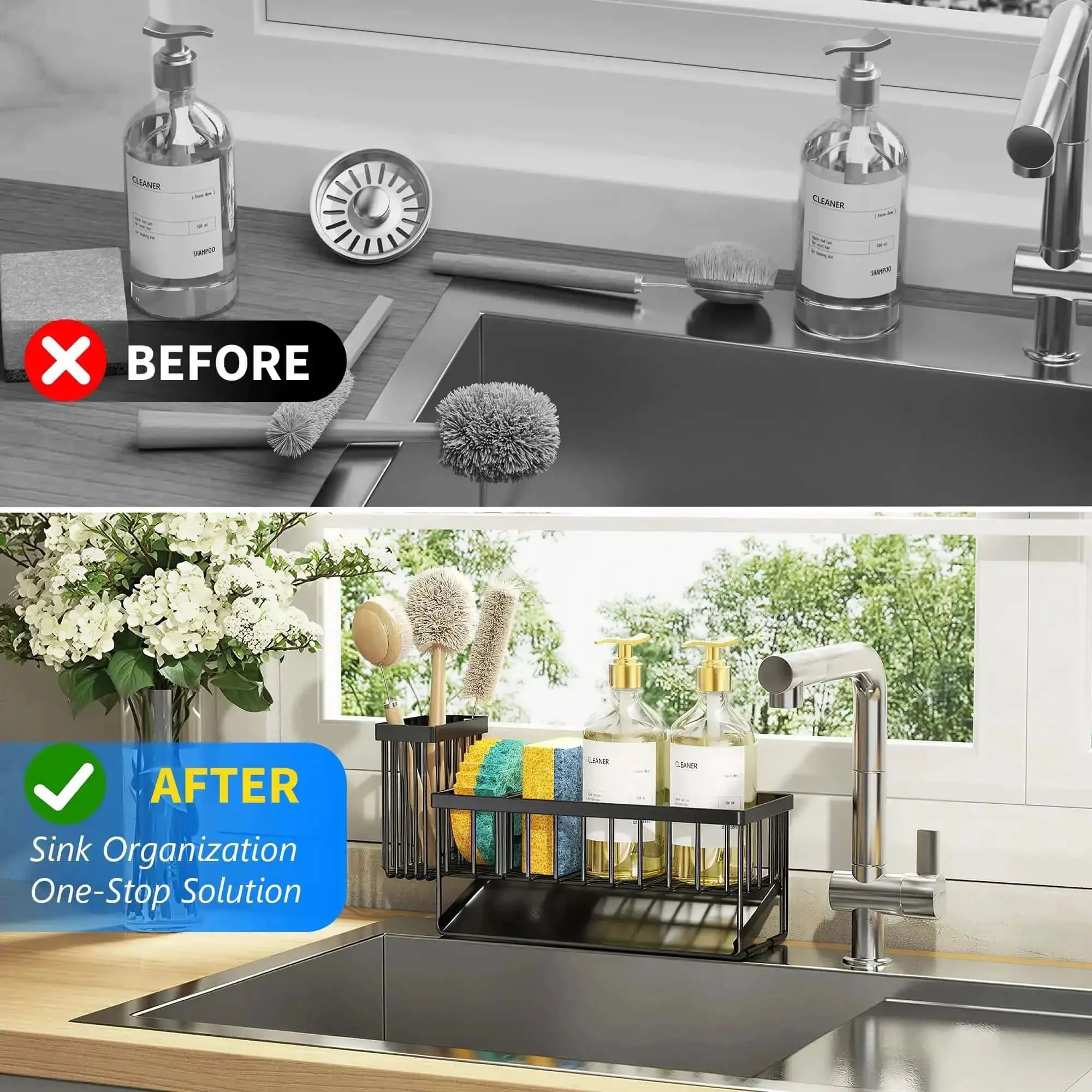 Sink Caddy With Brush Holder And Self Drain Tray Rustproof Stainless Steel Organizer For Sponges Soaps And Dish Brushes Easy Drainage System Keeps Counter Dry And Clutter Free - Image 3