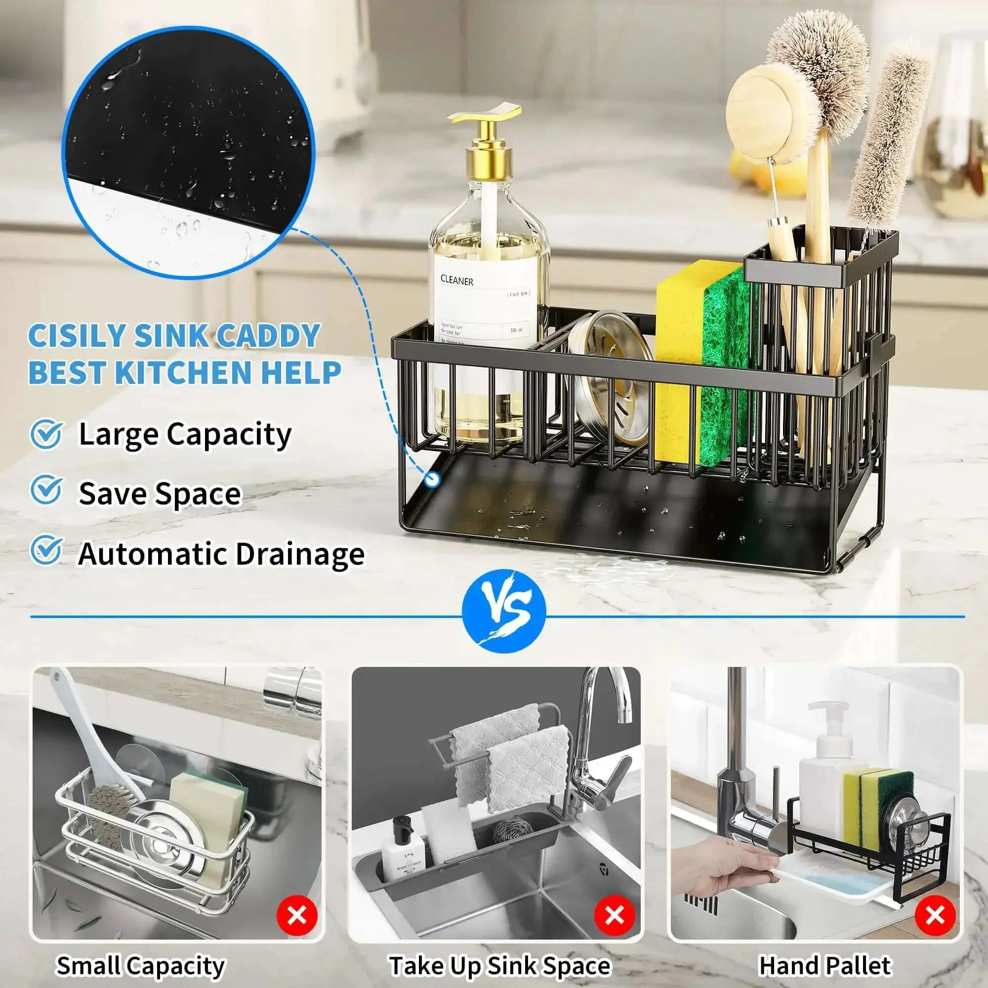 Sink Caddy With Brush Holder And Self Drain Tray Rustproof Stainless Steel Organizer For Sponges Soaps And Dish Brushes Easy Drainage System Keeps Counter Dry And Clutter Free - Image 4