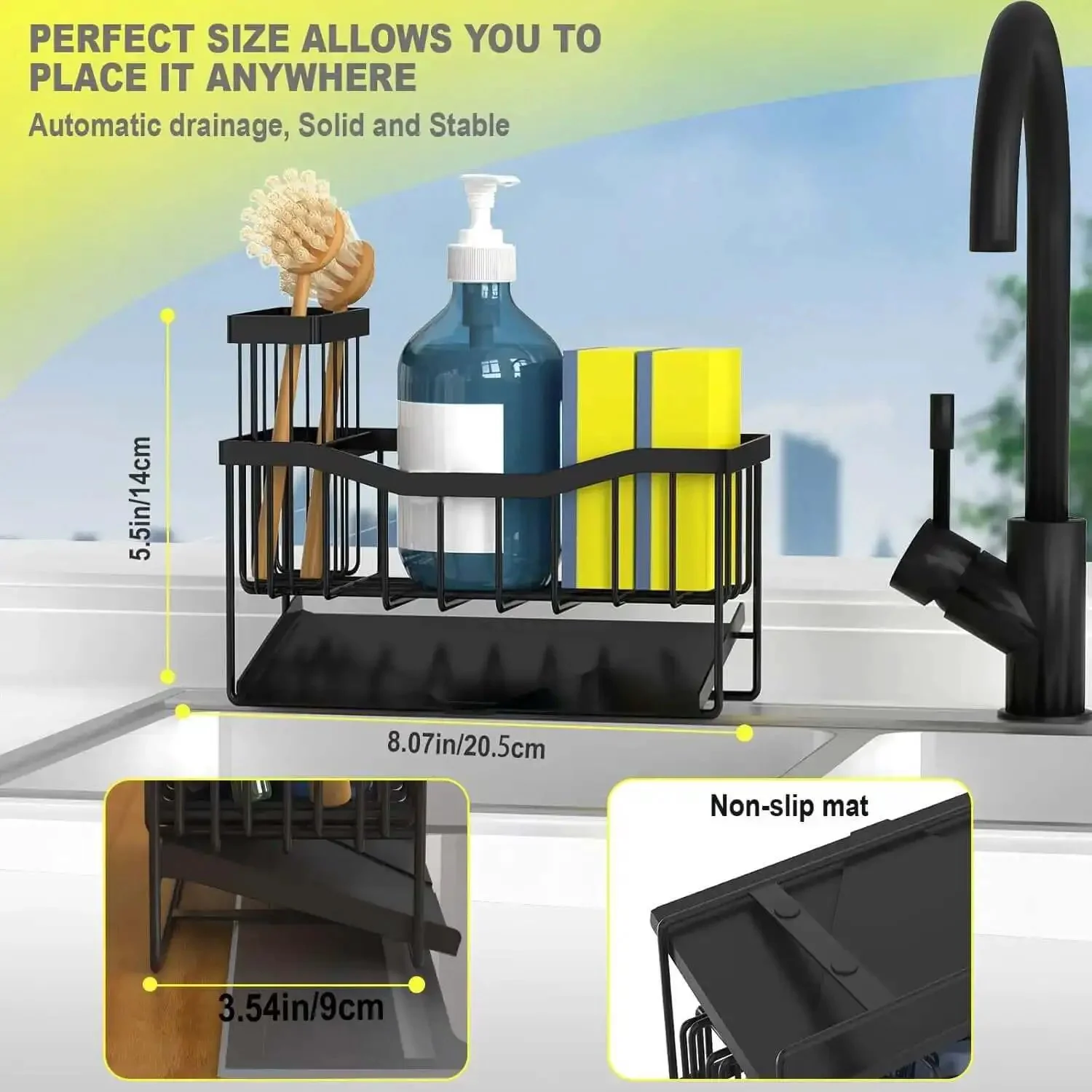 Sink Caddy With Brush Holder And Self Drain Tray, Stainless Steel Kitchen Organizer For Sponges And Soap Dispenser, Rustproof, Anti Slip Bottom, Keeps Counters Dry And Clean - Image 4