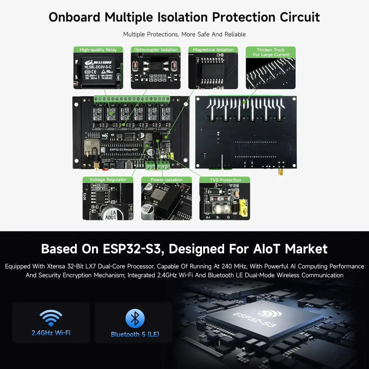 Six Channel ESP32S3 WiFi Relay Module With RS485 And Bluetooth Pico HAT Interfaces Onboard Isolation Circuits And Beefy High Current Relays 10A 250VAC 30VDC Dual Core Xtensa Processor Ideal For Industrial IoT Smart Home Automation - Image 5