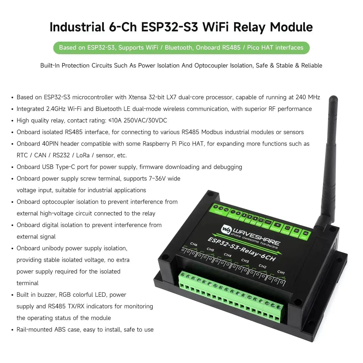 Six Channel ESP32S3 WiFi Relay Module With RS485 And Bluetooth Pico HAT Interfaces Onboard Isolation Circuits And Beefy High Current Relays 10A 250VAC 30VDC Dual Core Xtensa Processor Ideal For Industrial IoT Smart Home Automation - Image 7