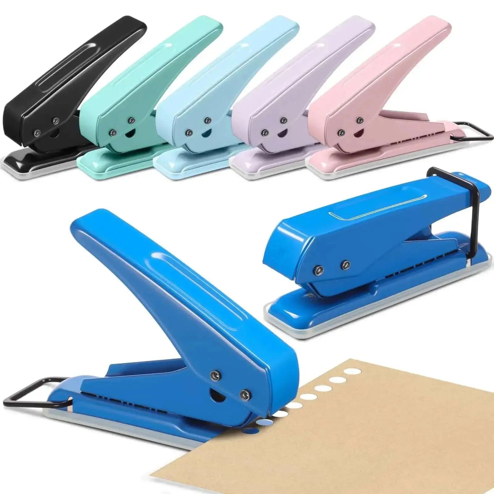 Six Color Single Hole Puncher Pack In One Quarter Inch Metal Handheld, Go-To Heavy Duty Tool With 15 Sheet Capacity, Portable Punch For Tags, Crafts, ID Cards, Chipboard And Art Projects
